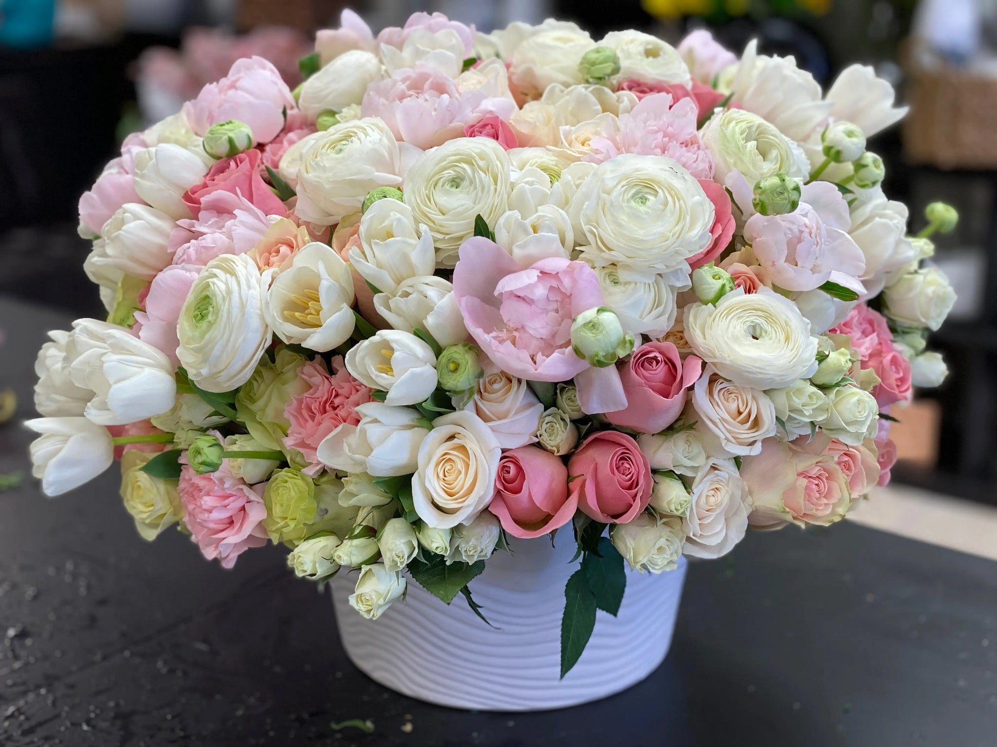 Satin Spring | Large Flower Design In Ceramic Vase buy online Luxury Flowers Miami