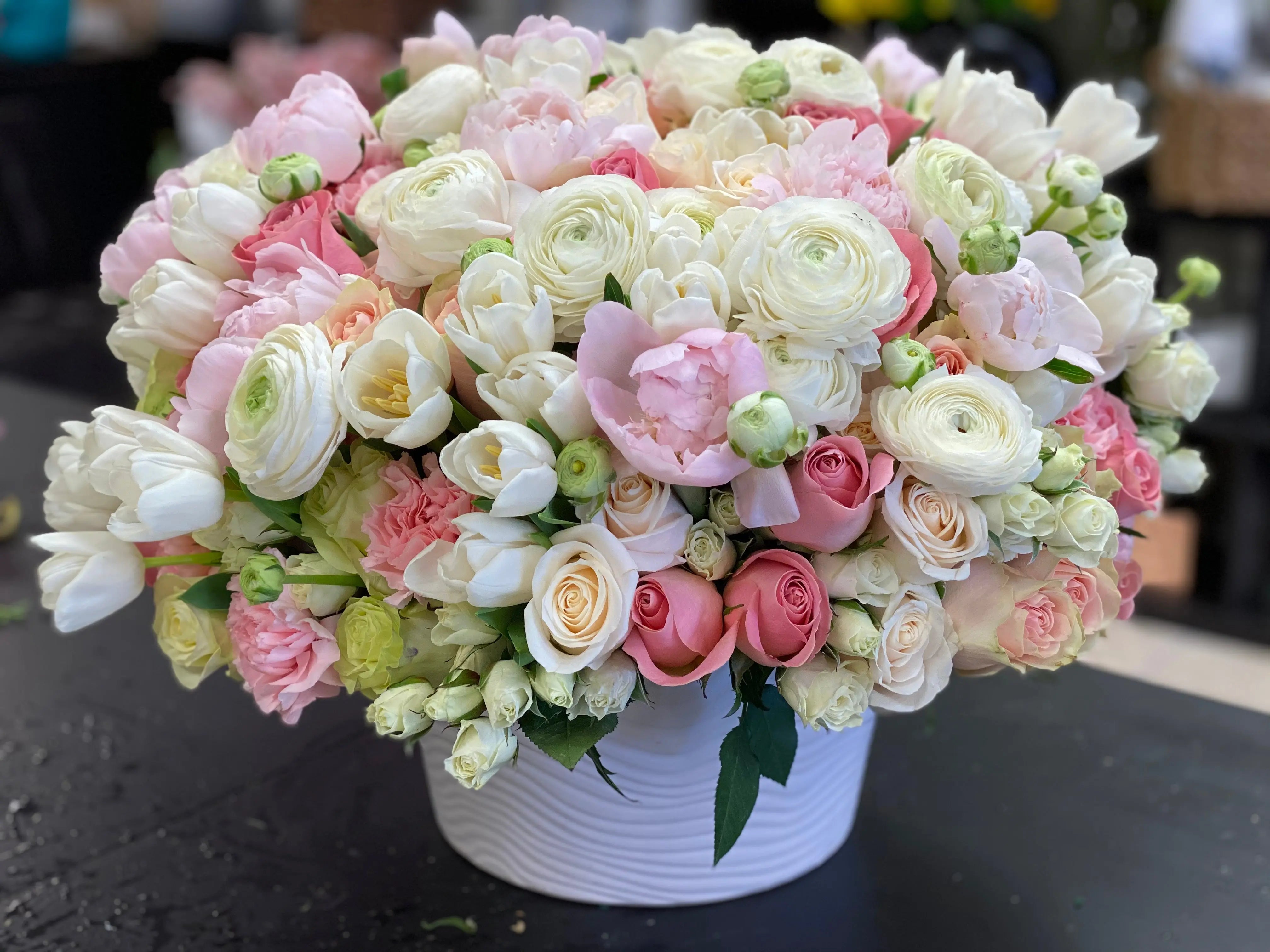 Satin Spring | Large Flower Design In Ceramic Vase buy online Luxury Flowers Miami