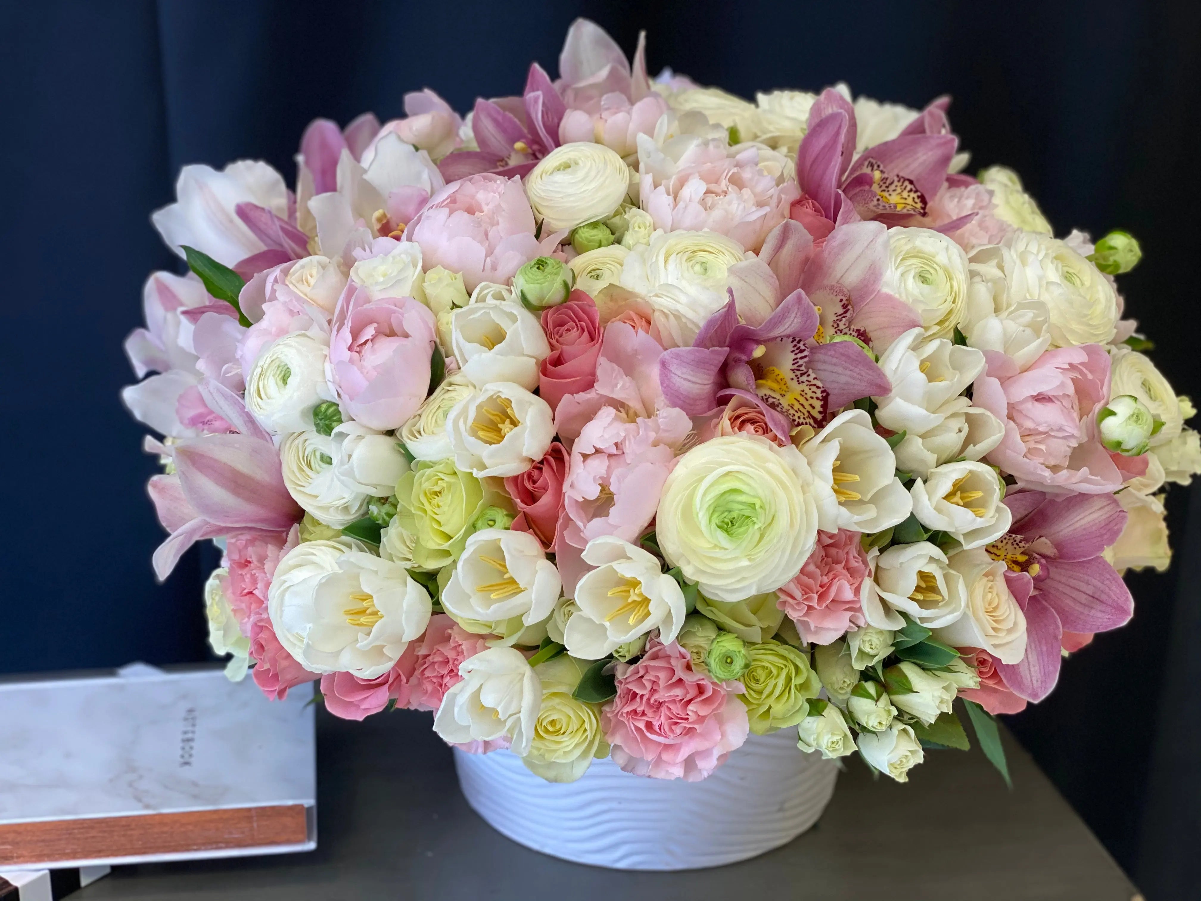 Satin Spring | Large Flower Design In Ceramic Vase buy online Luxury Flowers Miami