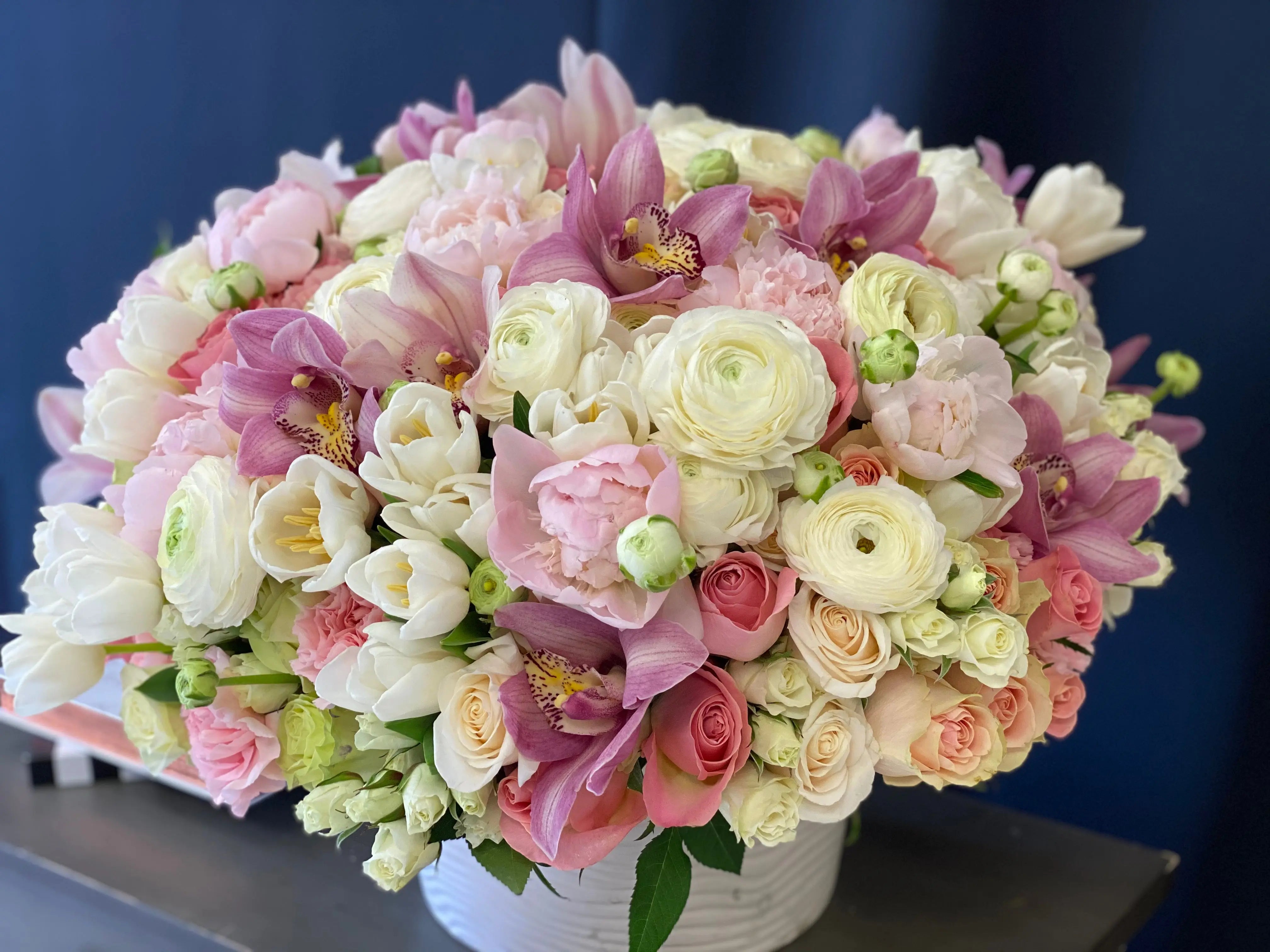 Satin Spring | Large Flower Design In Ceramic Vase buy online Luxury Flowers Miami