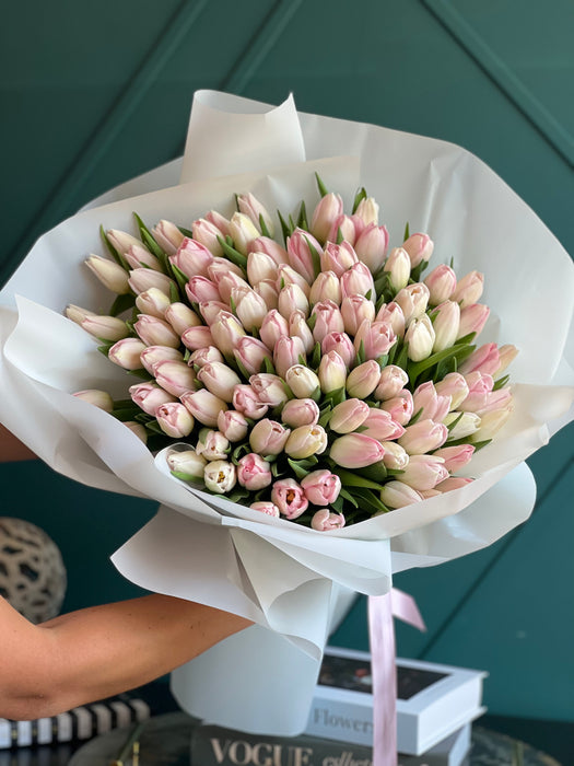 100 Light Pink Tulips Hand-Crafted Bouquet