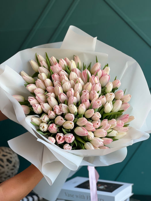 100 Light Pink Tulips Hand-Crafted Bouquet