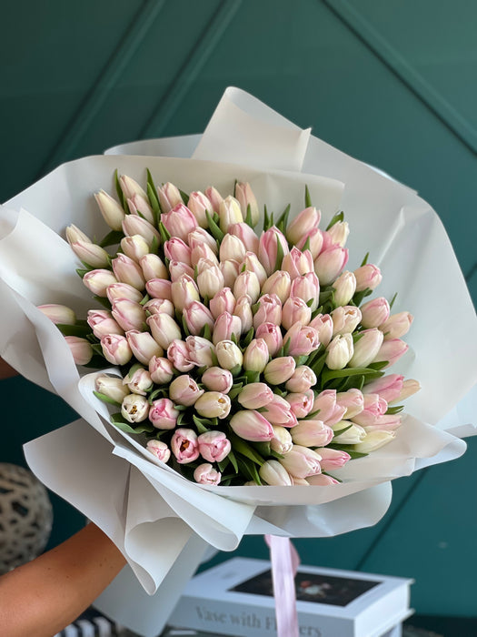 100 Light Pink Tulips Hand-Crafted Bouquet