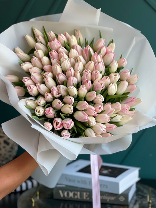 100 Light Pink Tulips Hand-Crafted Bouquet