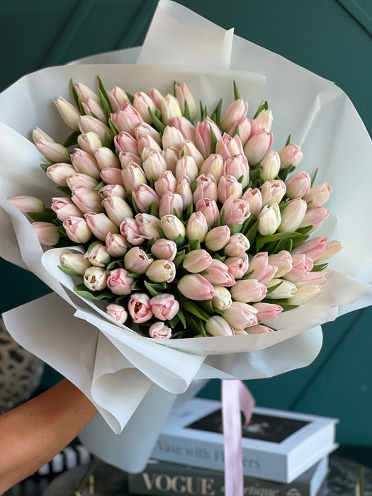 100 Light Pink Tulips Hand-Crafted Bouquet