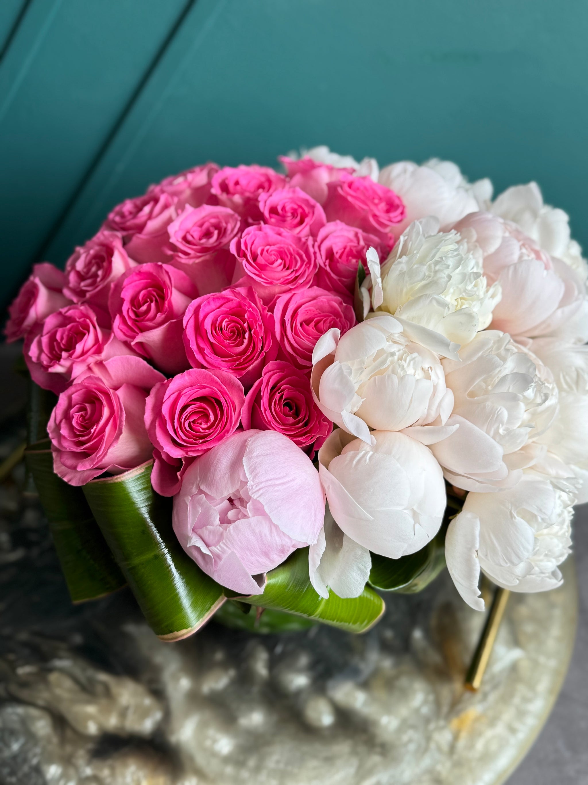 Pink Roses & Peonies in Vase | Luxury Floral Arrangement buy online Luxury Flowers Miami