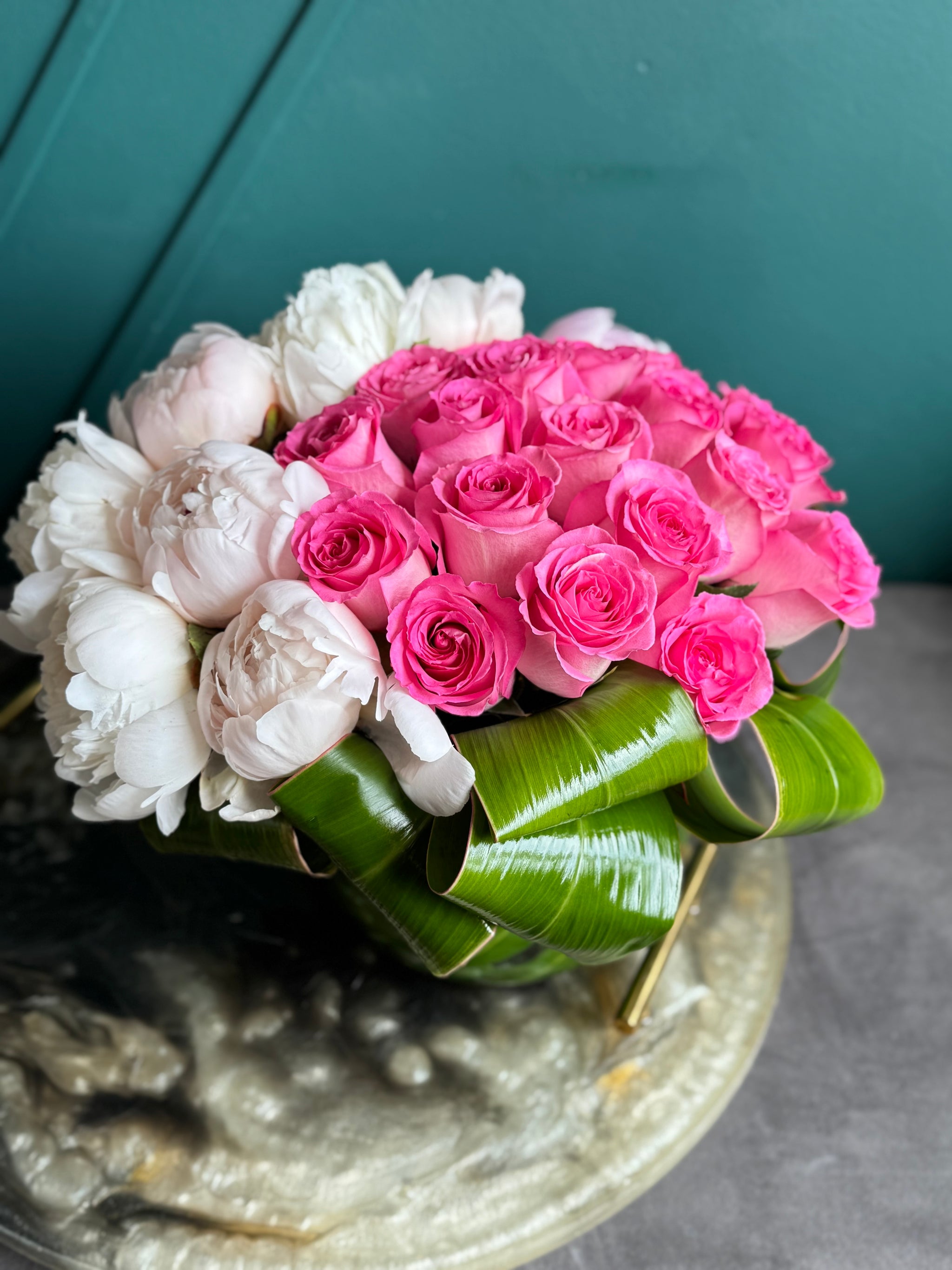 Pink Roses & Peonies in Vase | Luxury Floral Arrangement buy online Luxury Flowers Miami