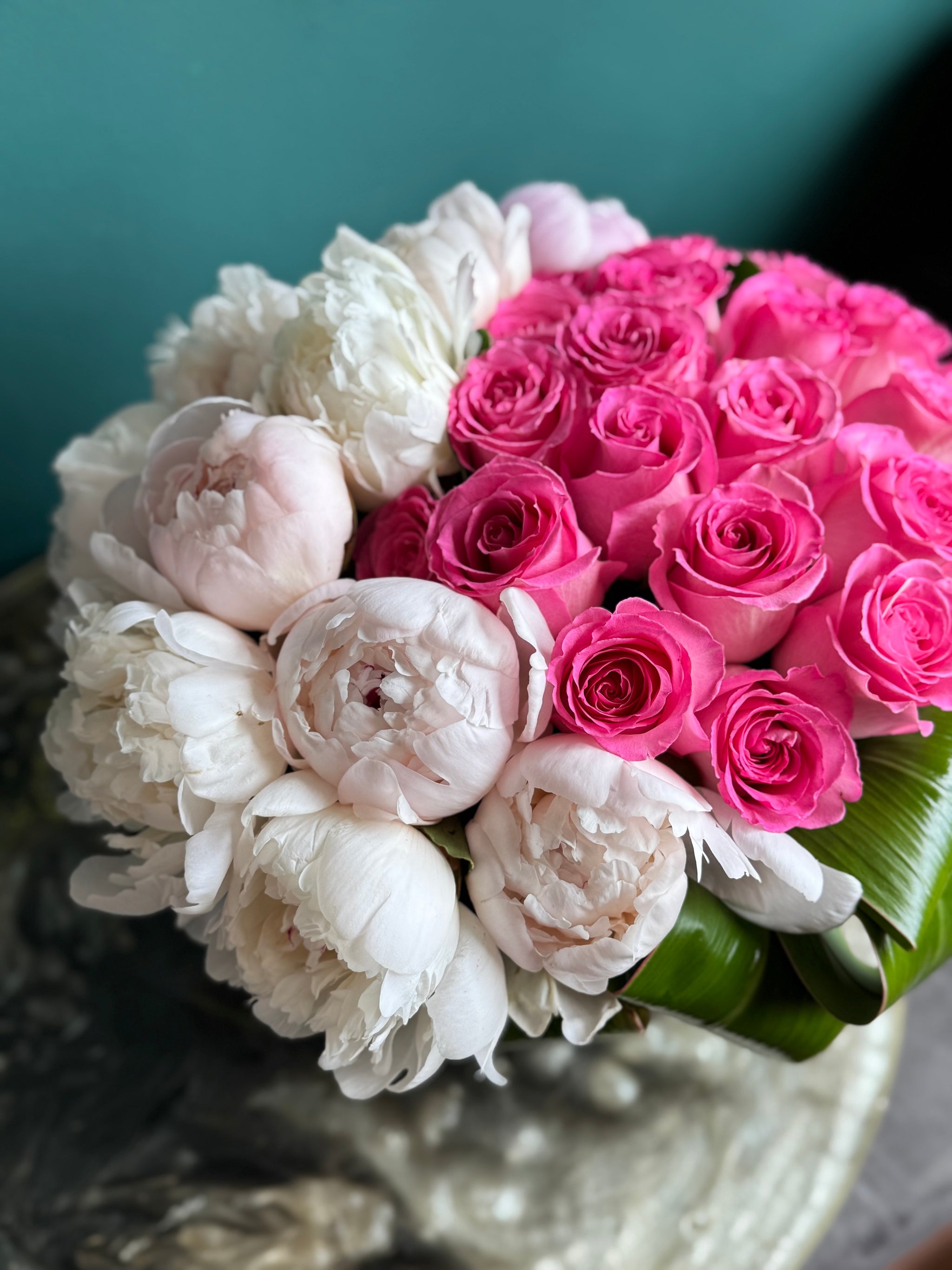 Pink Roses & Peonies in Vase | Luxury Floral Arrangement buy online Luxury Flowers Miami