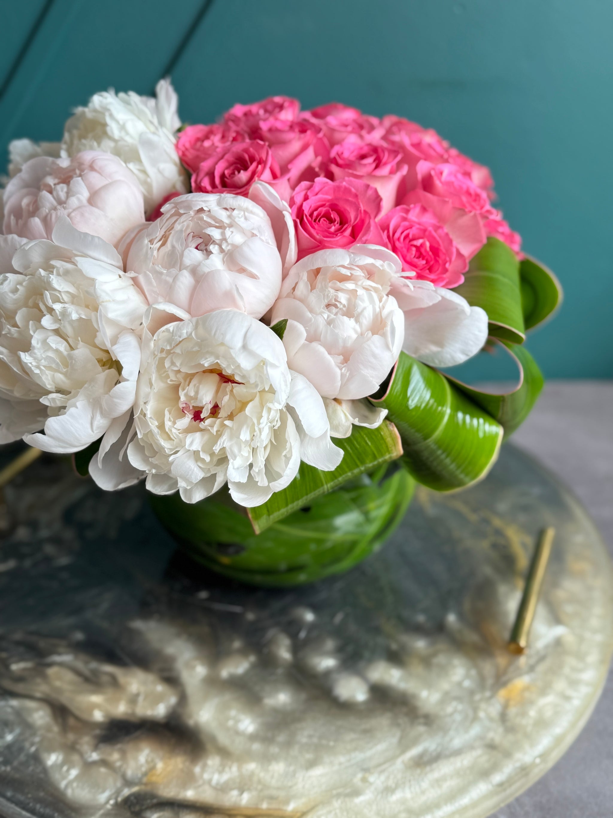 Pink Roses & Peonies in Vase | Luxury Floral Arrangement buy online Luxury Flowers Miami