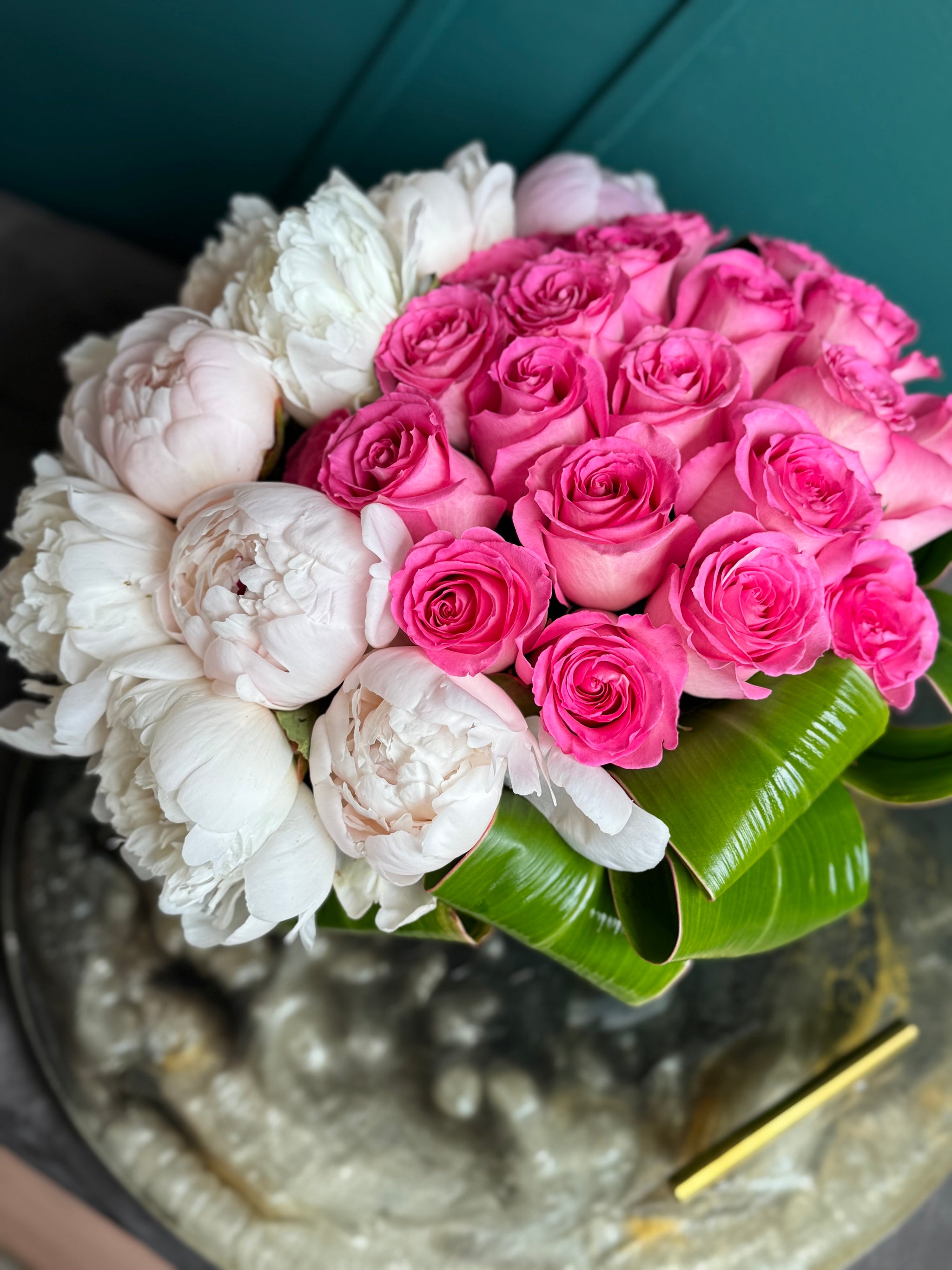 Pink Roses & Peonies in Vase | Luxury Floral Arrangement buy online Luxury Flowers Miami