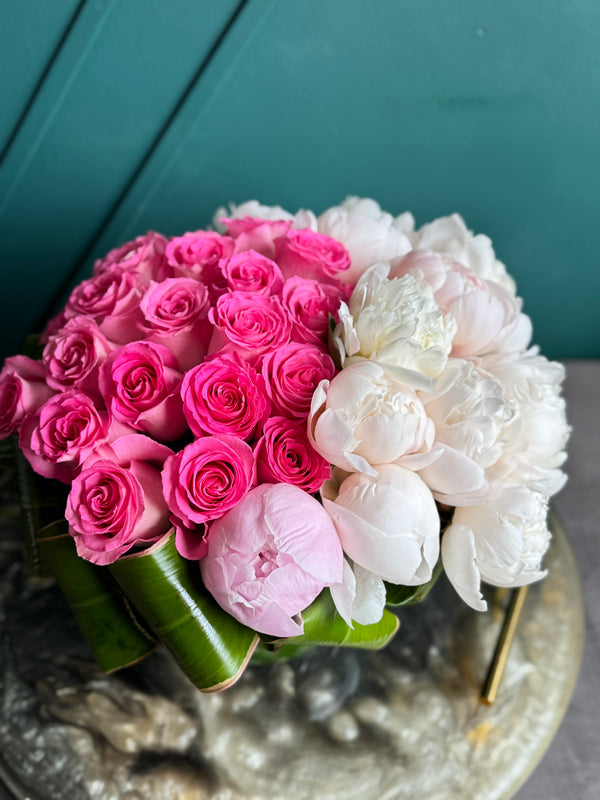 Pink Roses & Peonies in Vase | Luxury Floral Arrangement buy online Luxury Flowers Miami