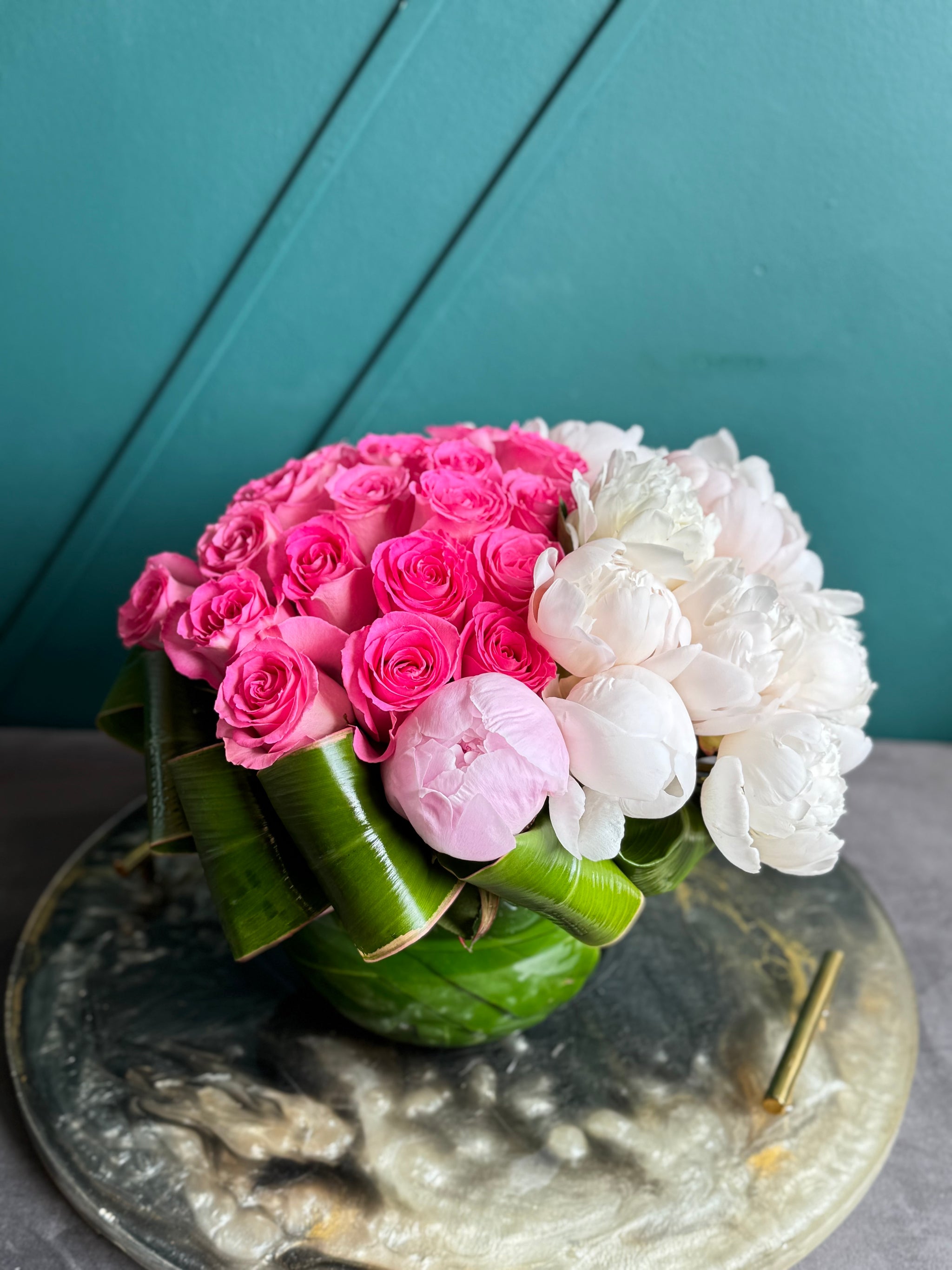 Pink Roses & Peonies in Vase | Luxury Floral Arrangement buy online Luxury Flowers Miami