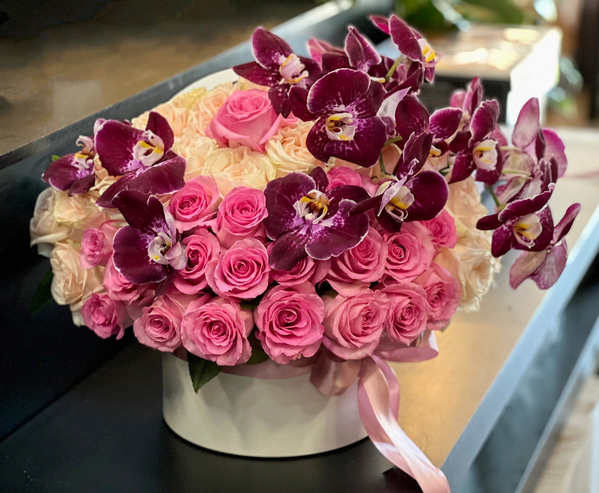 Pink Roses and Purple Orchids Flower Box | Violet Delight