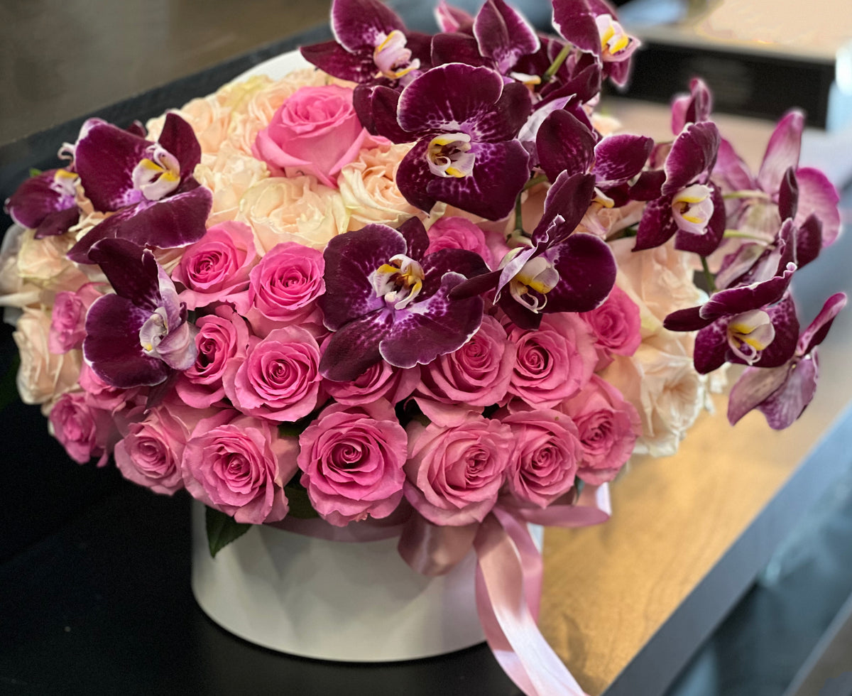 Pink Roses and Purple Orchids Flower Box | Violet Delight