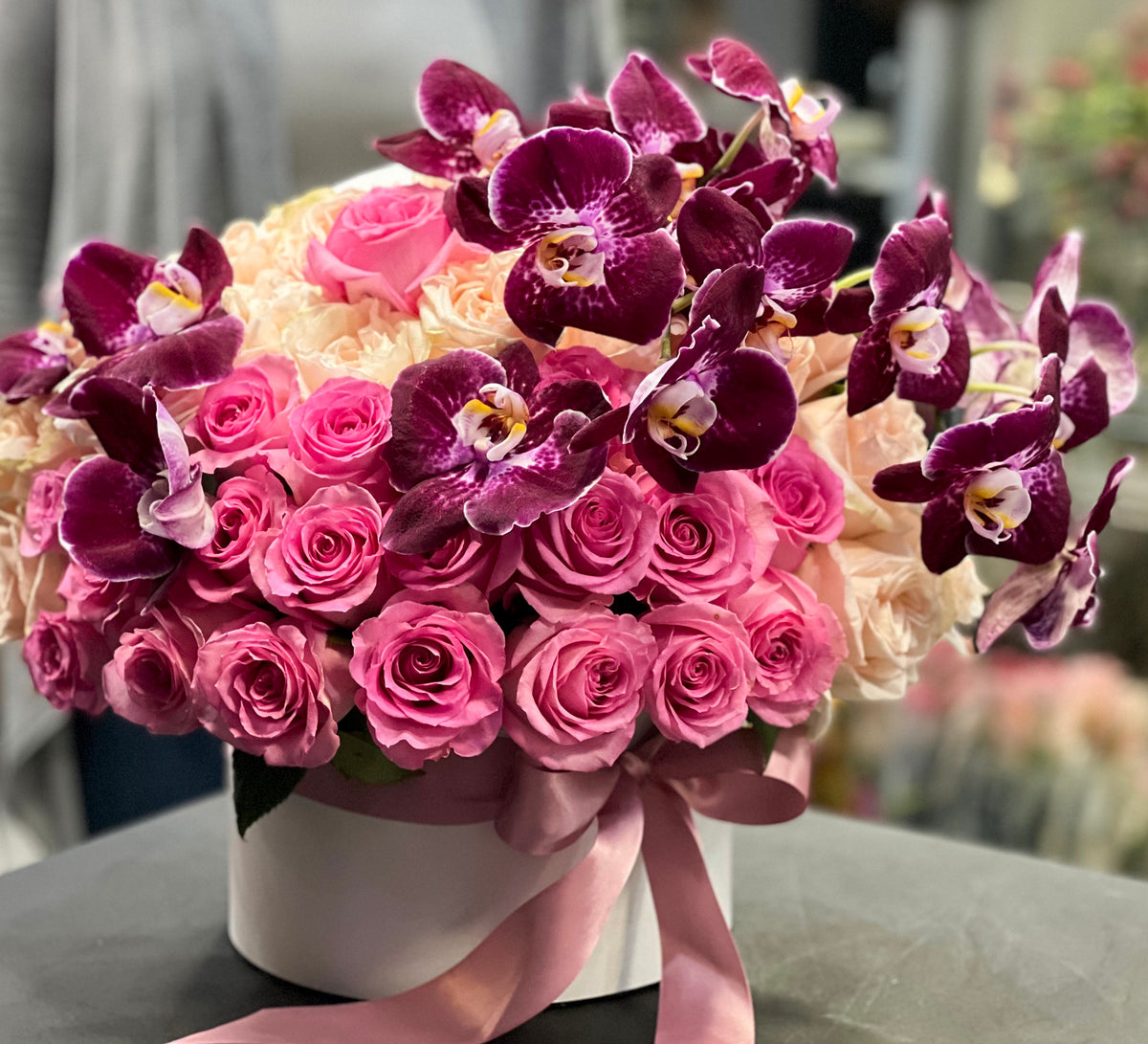 Pink Roses and Purple Orchids Flower Box | Violet Delight