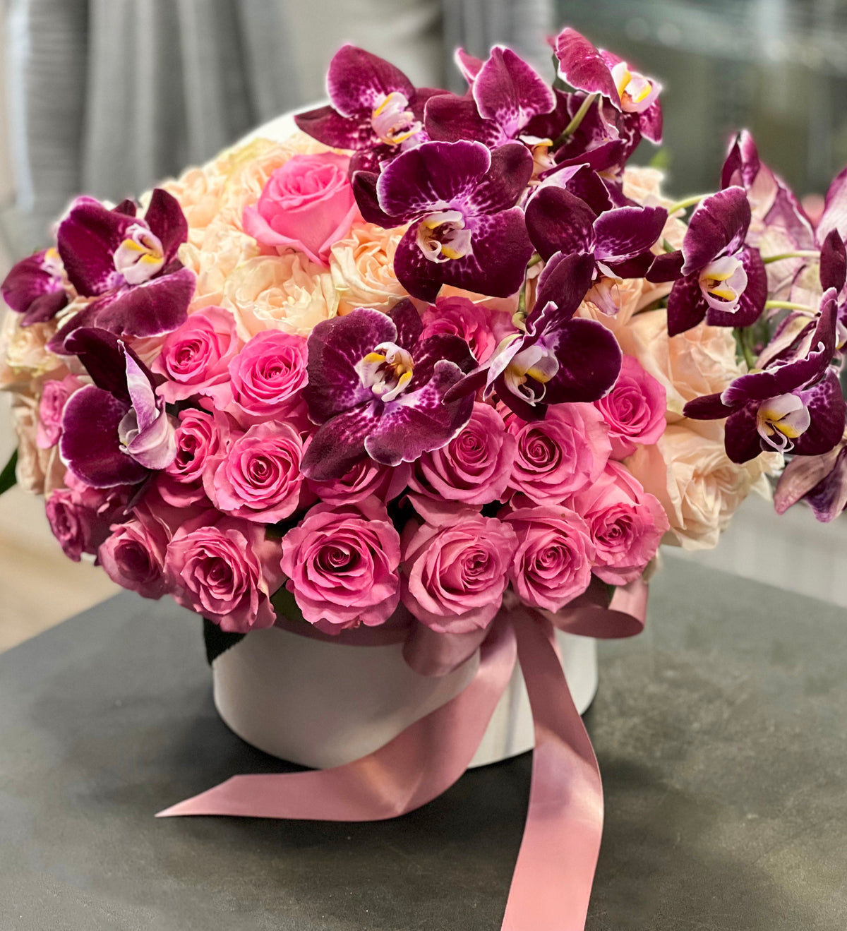 Pink Roses and Purple Orchids Flower Box | Violet Delight