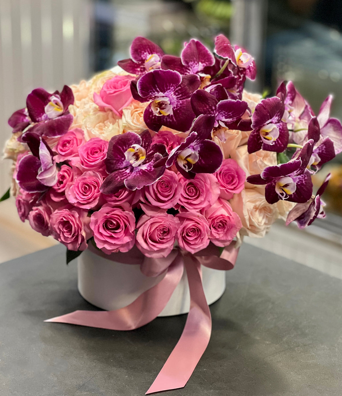 Pink Roses and Purple Orchids Flower Box | Violet Delight