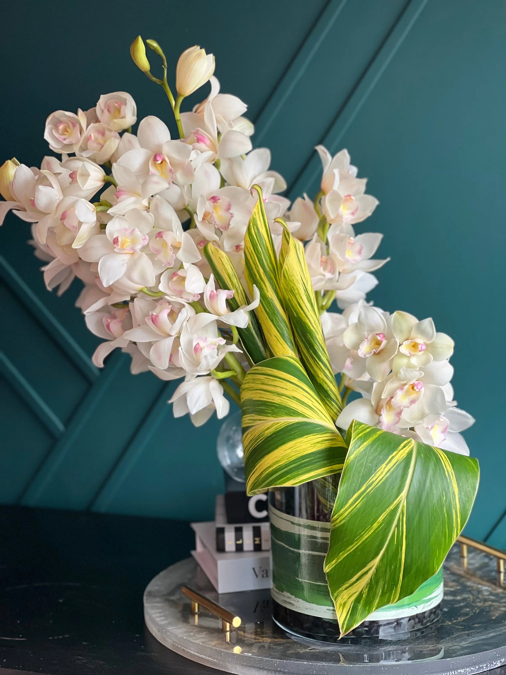 Cymbidium Orchids in Vase | Modern Orchid Arrangement buy online Luxury Flowers Miami