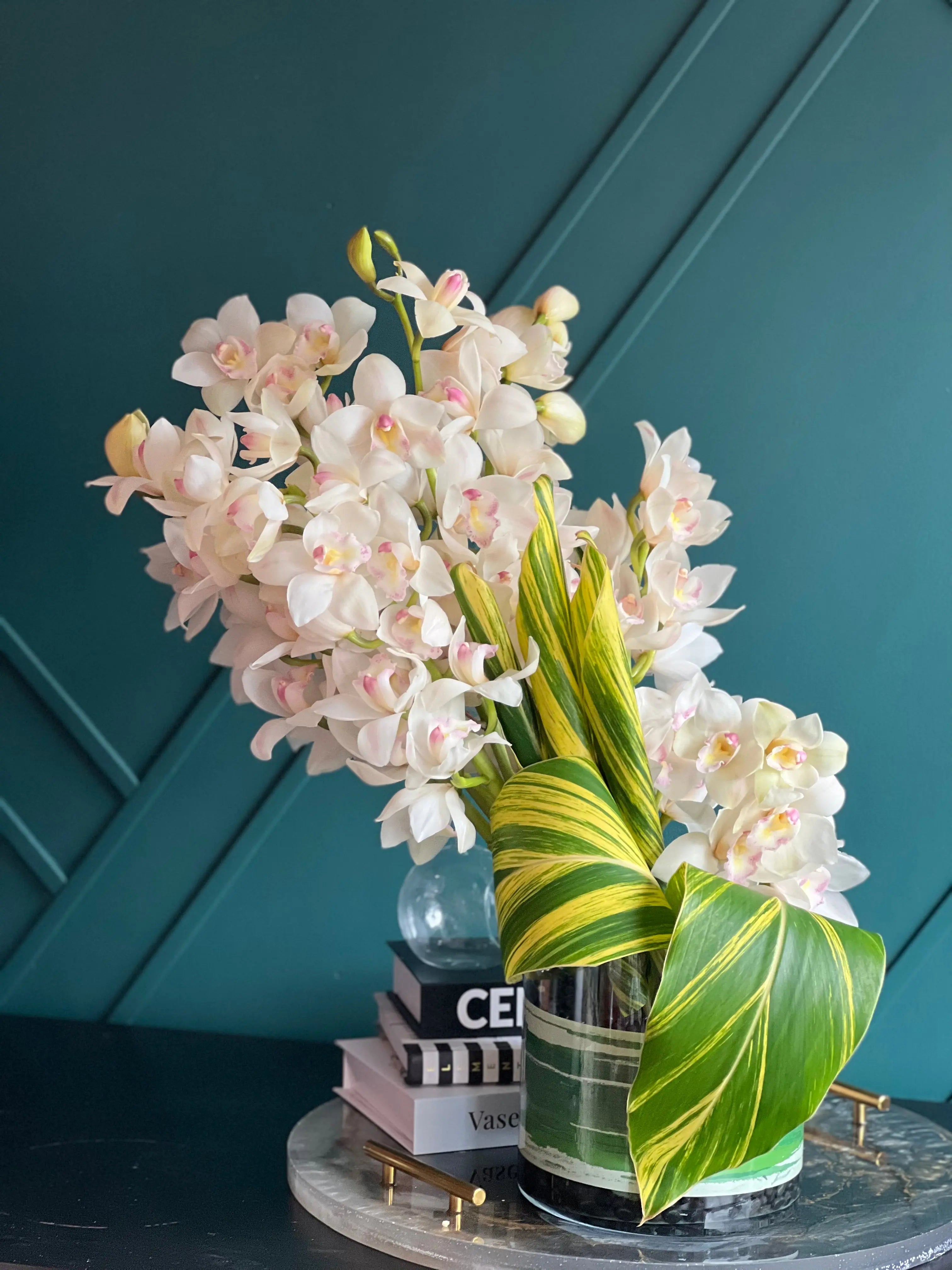 Cymbidium Orchids in Vase | Modern Orchid Arrangement buy online Luxury Flowers Miami