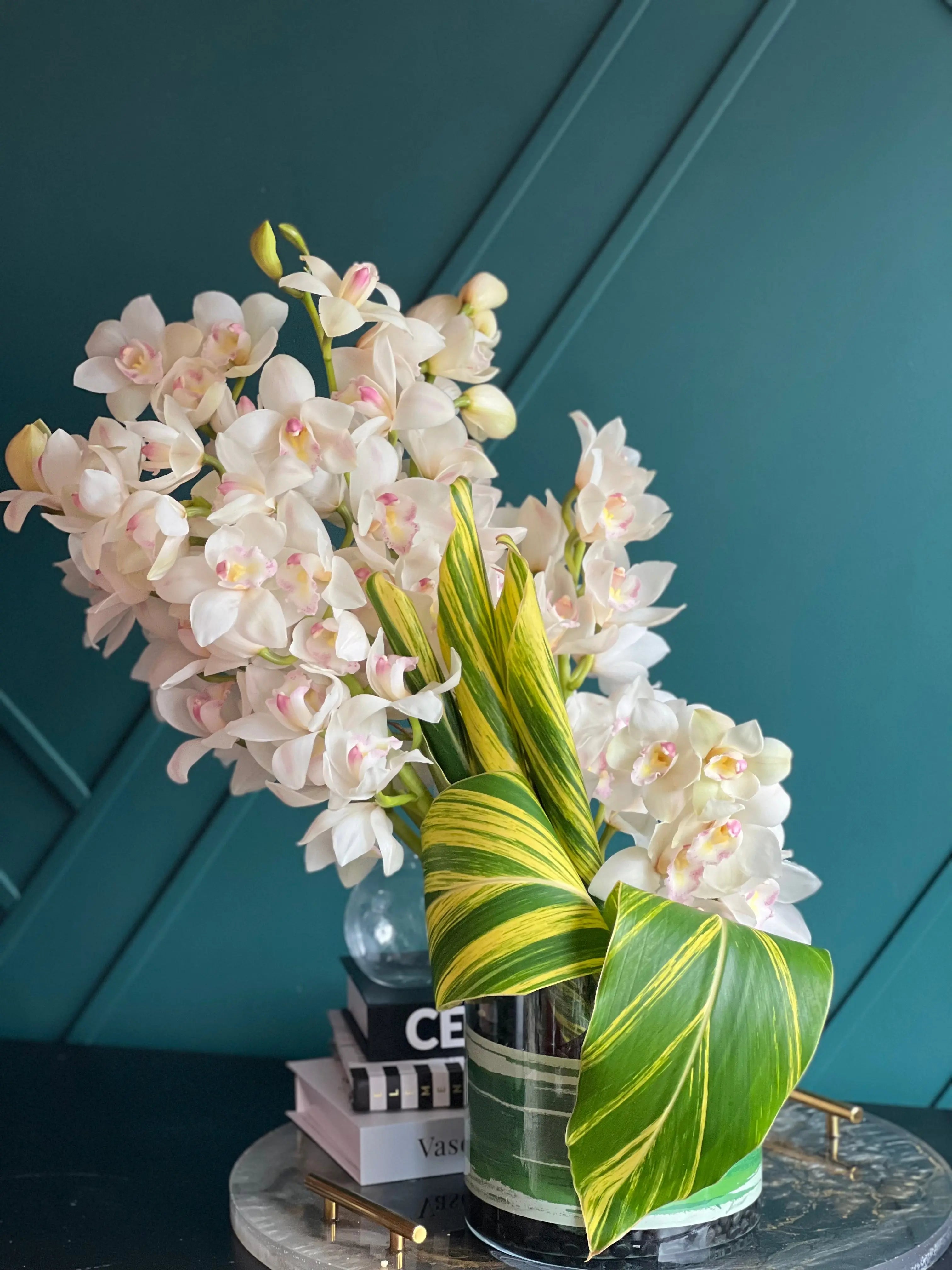 Cymbidium Orchids in Vase | Modern Orchid Arrangement buy online Luxury Flowers Miami