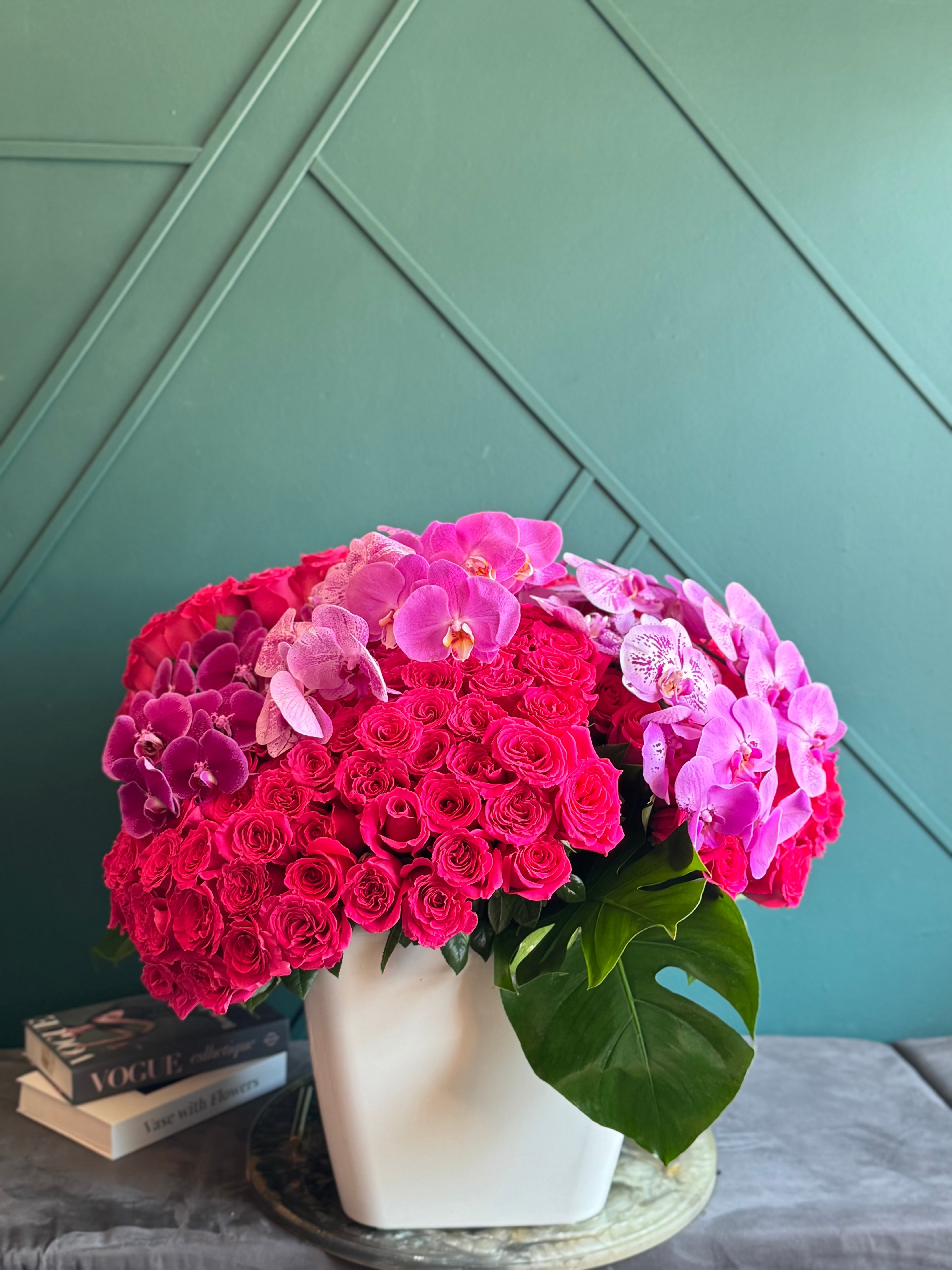 300 Hot Pink Roses & Phalaenopsis Orchids – Grand Luxury Arrangement