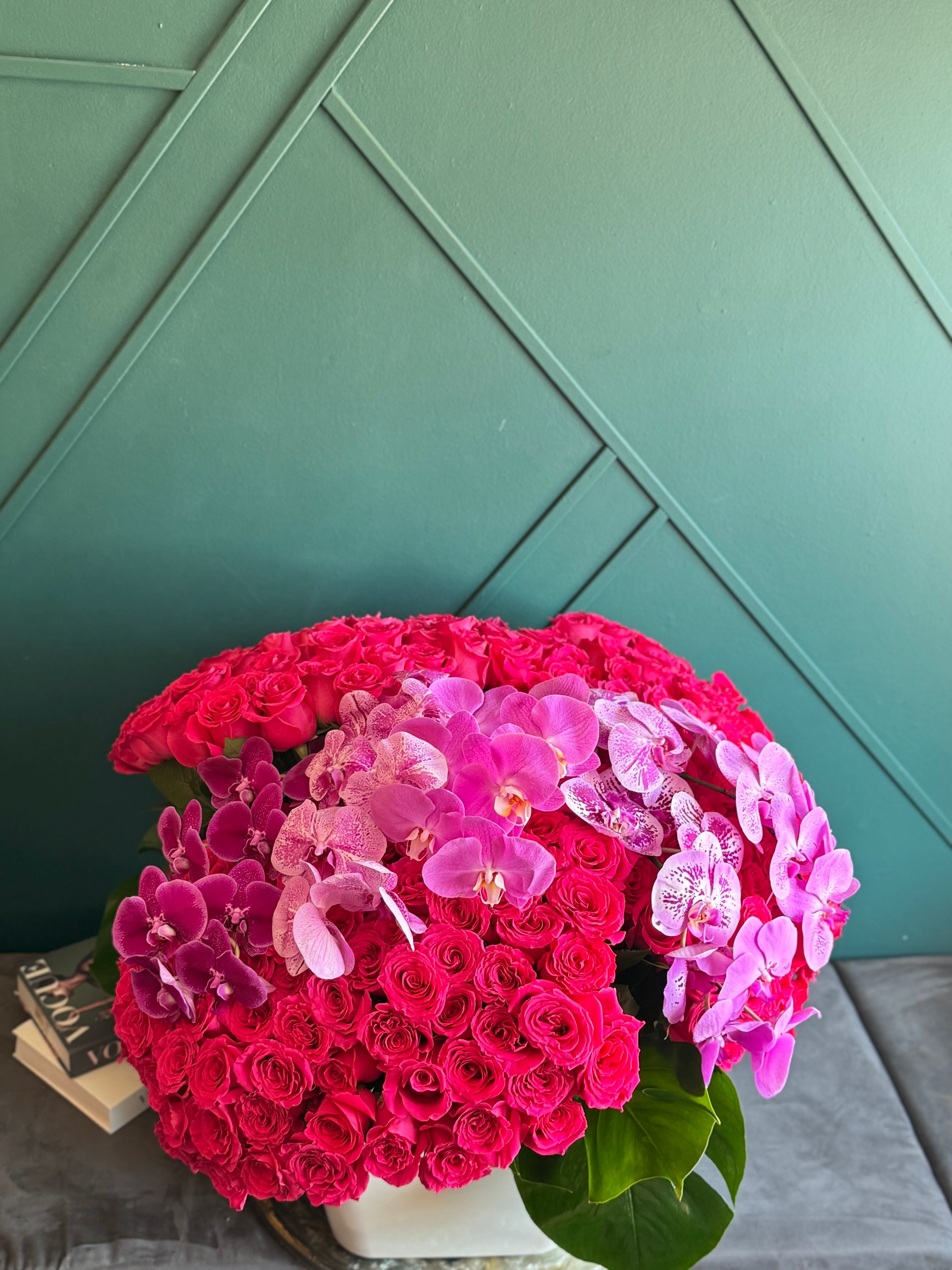 300 Hot Pink Roses & Phalaenopsis Orchids – Grand Luxury Arrangement