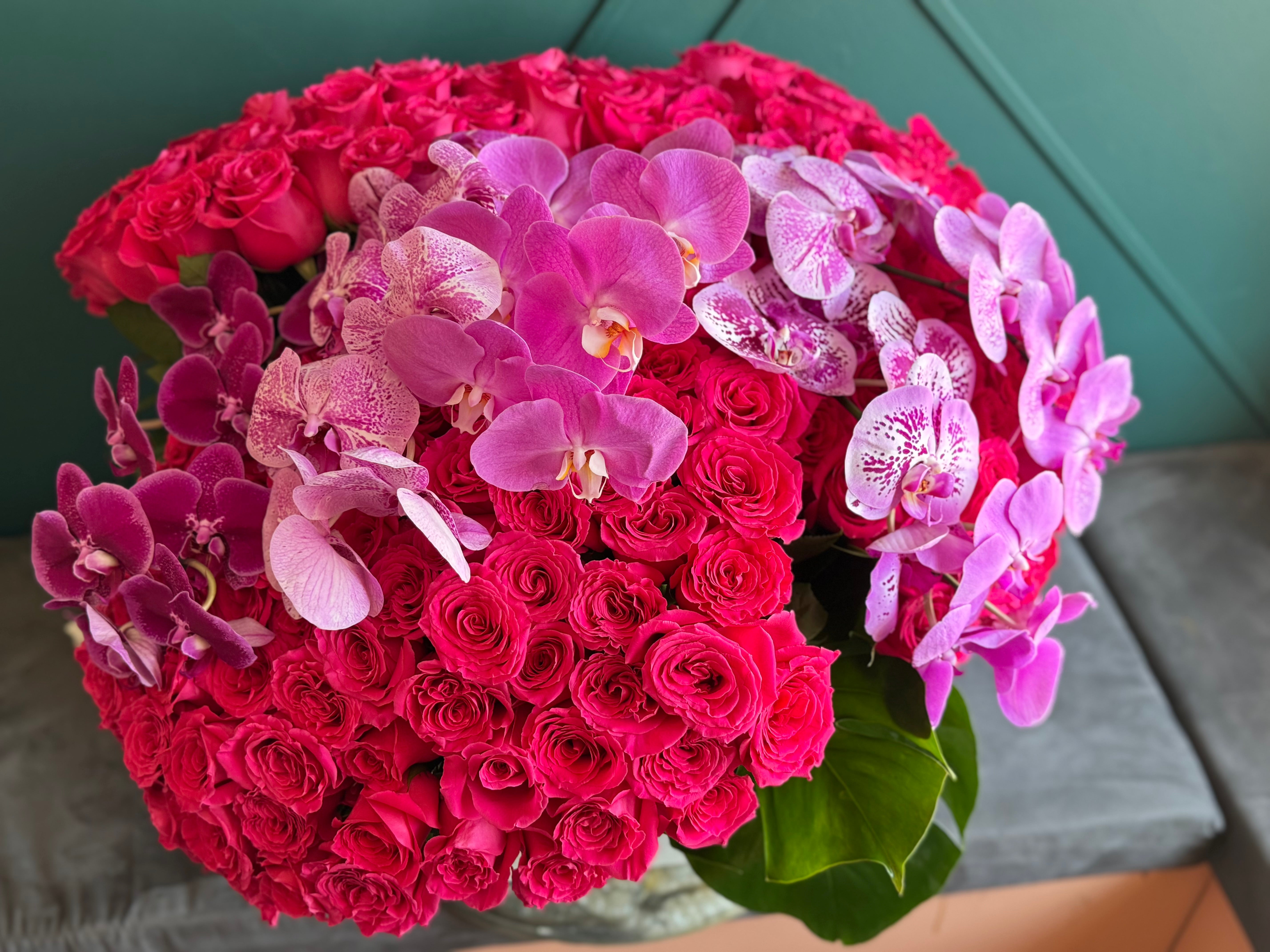 300 Hot Pink Roses & Phalaenopsis Orchids – Grand Luxury Arrangement
