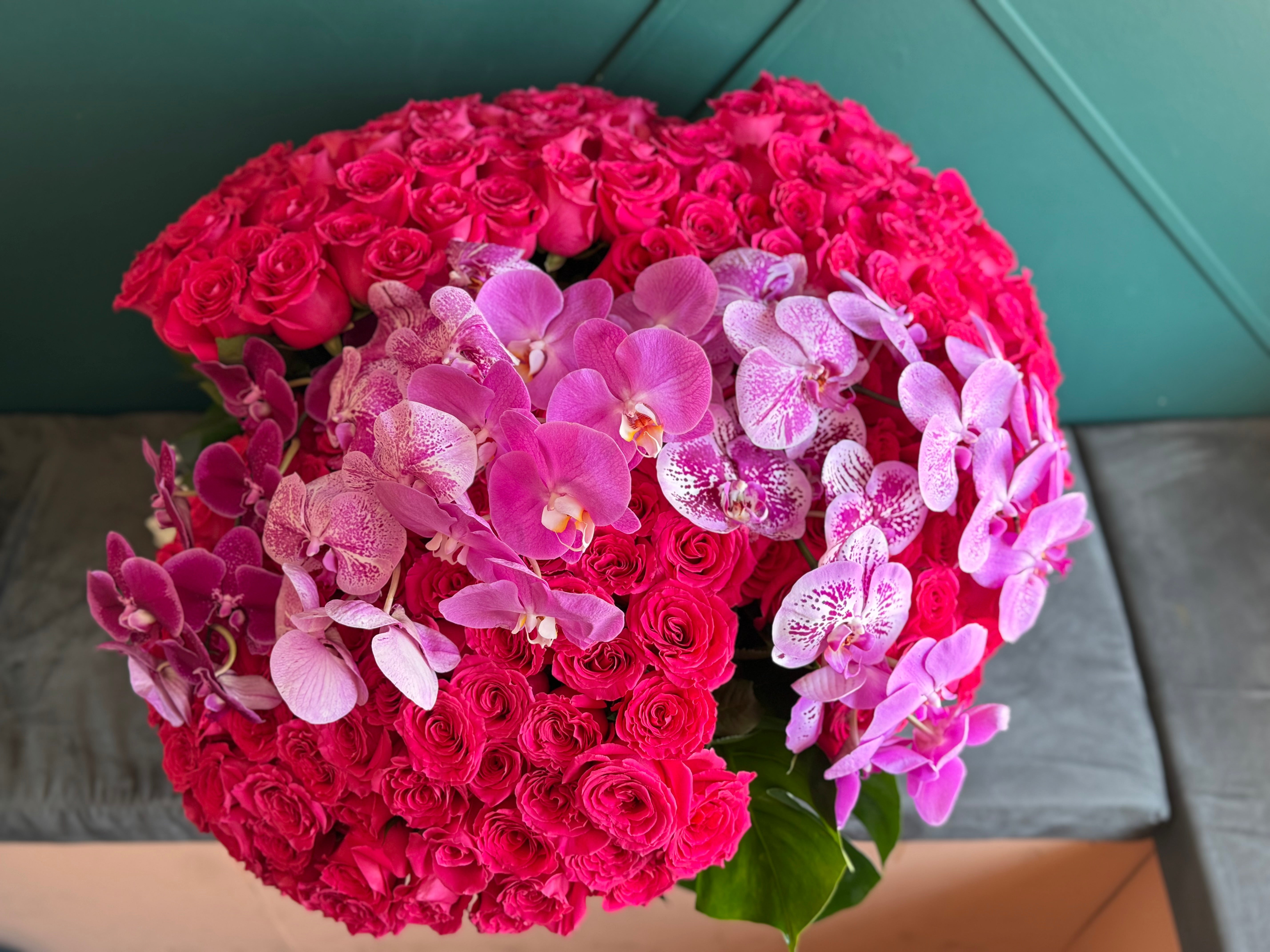 300 Hot Pink Roses & Phalaenopsis Orchids – Grand Luxury Arrangement