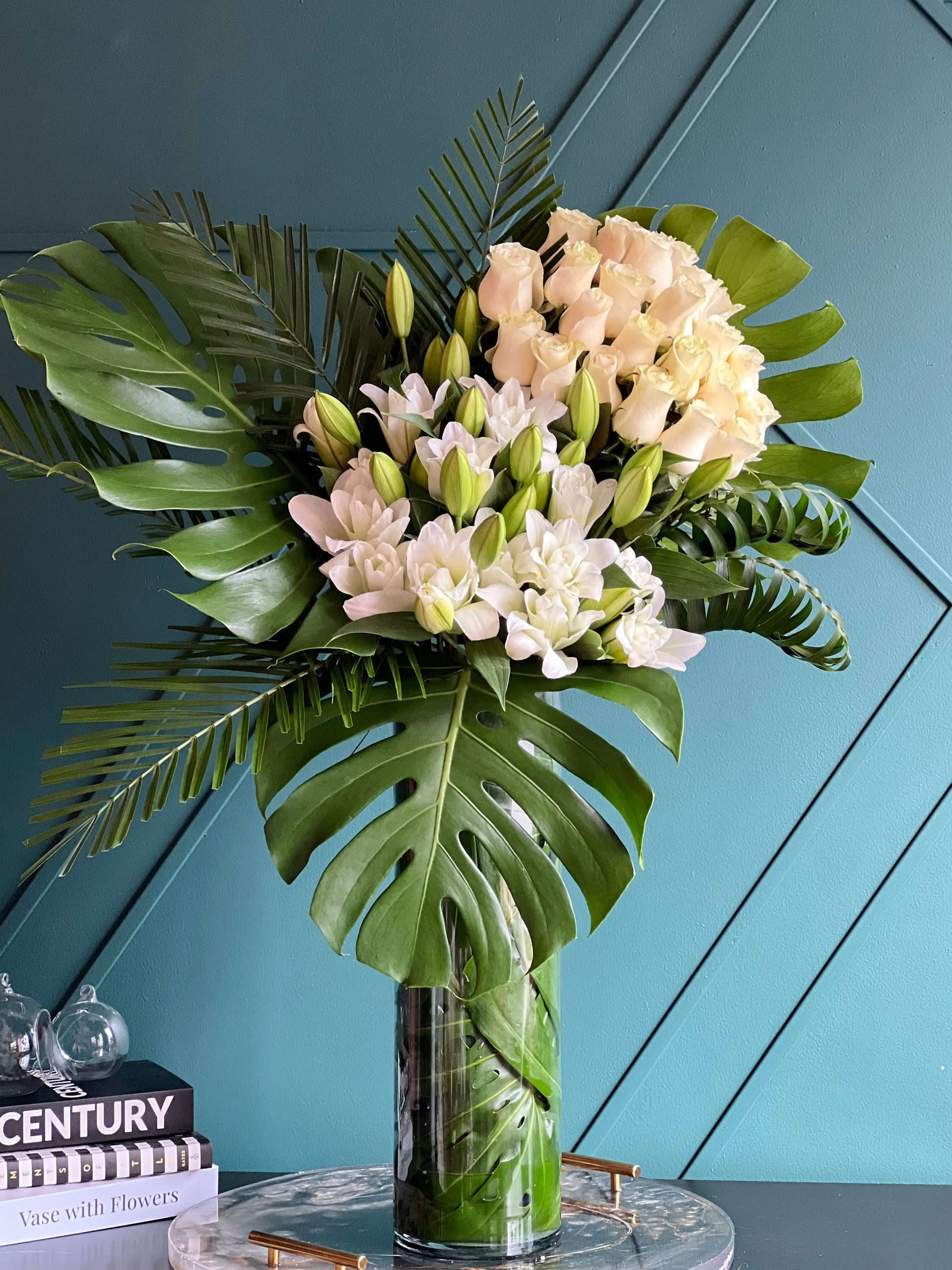 White Rose and Lily Arrangement in Tall Vase | Modern Blanco buy online Luxury Flowers Miami