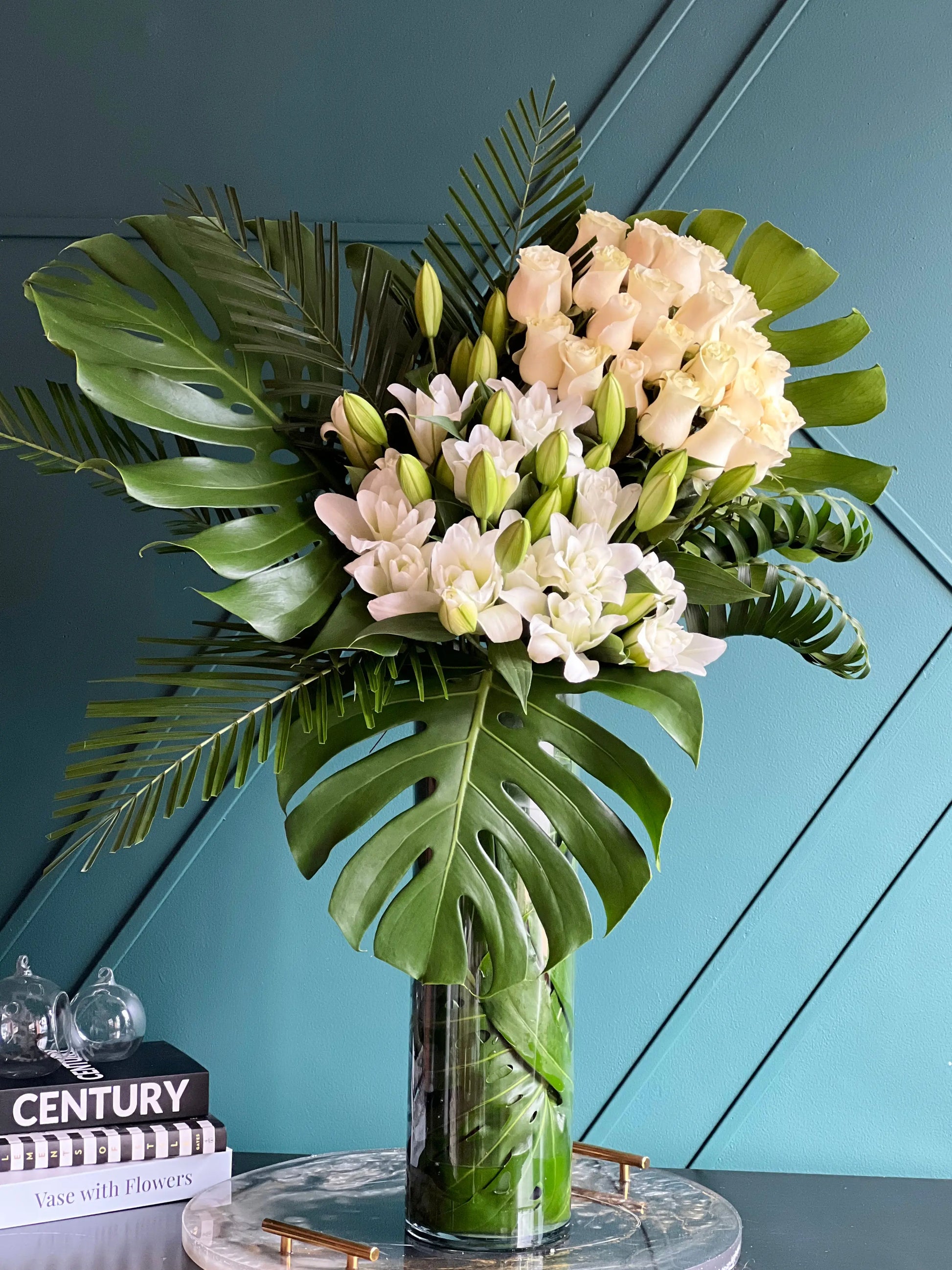 White Rose and Lily Arrangement in Tall Vase | Modern Blanco buy online Luxury Flowers Miami