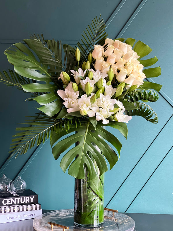 White Rose & Lily Arrangement in Tall Vase | Modern Blanco buy online Luxury Flowers Miami