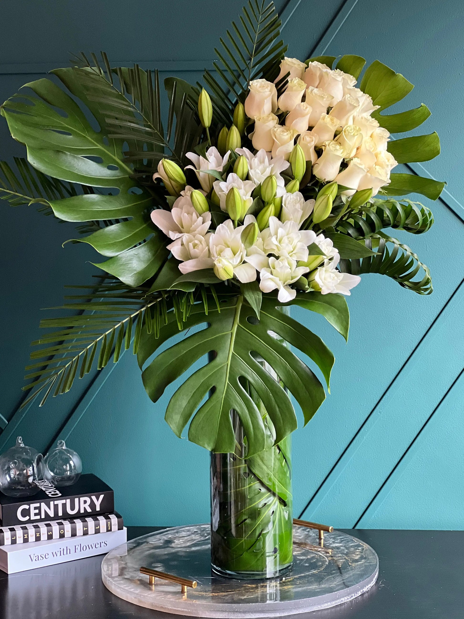 White Rose and Lily Arrangement in Tall Vase | Modern Blanco buy online Luxury Flowers Miami