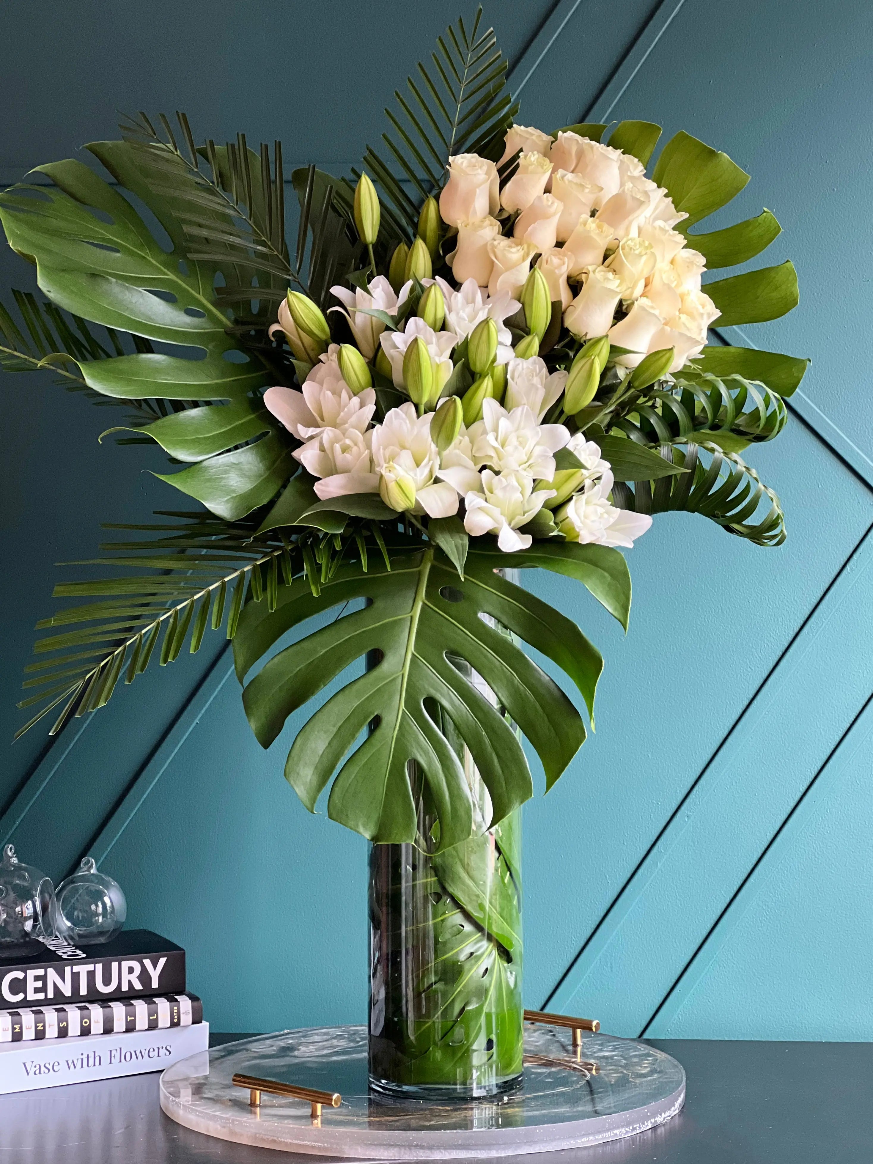 White Rose and Lily Arrangement in Tall Vase | Modern Blanco buy online Luxury Flowers Miami