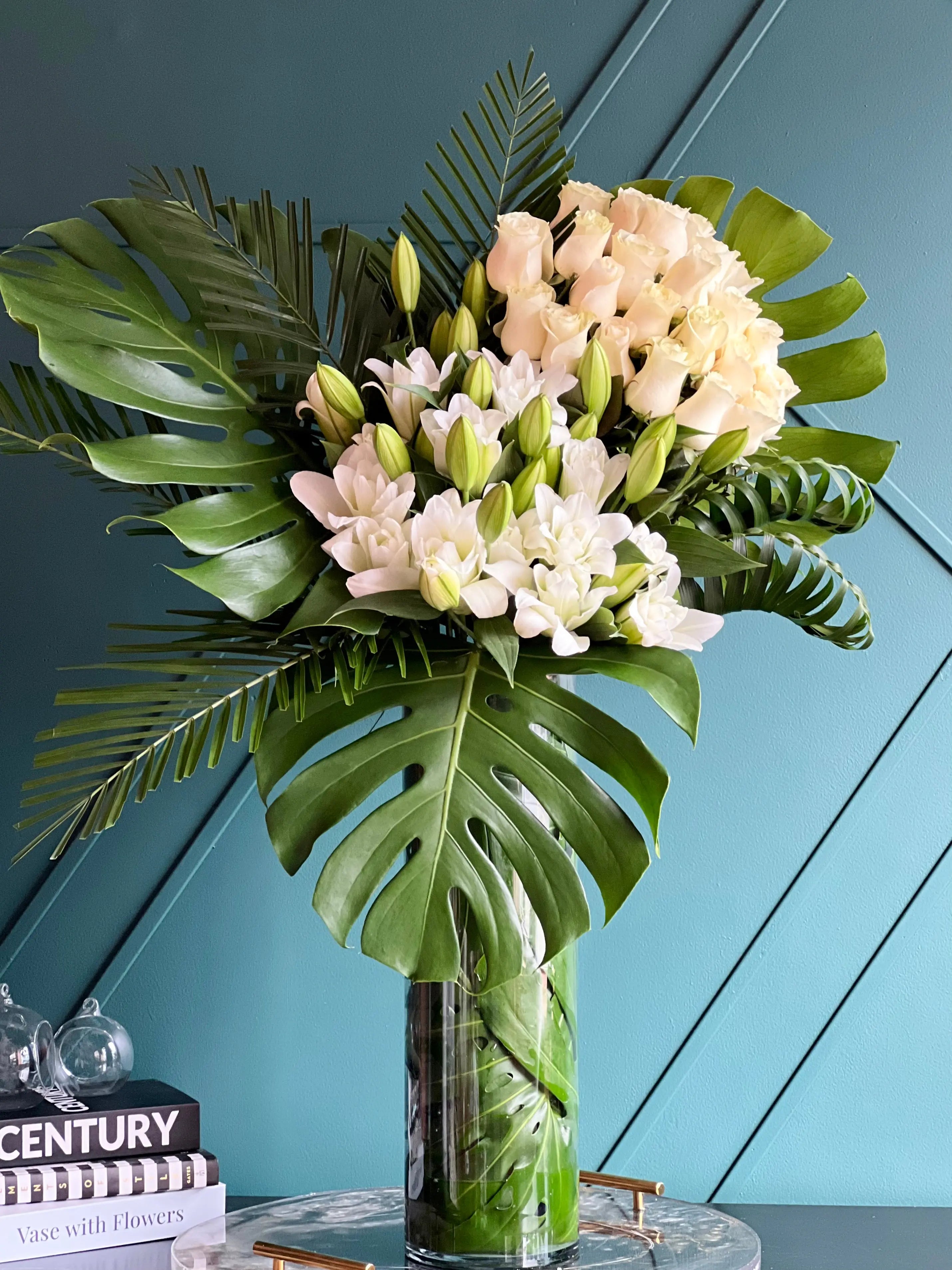 White Rose and Lily Arrangement in Tall Vase | Modern Blanco buy online Luxury Flowers Miami