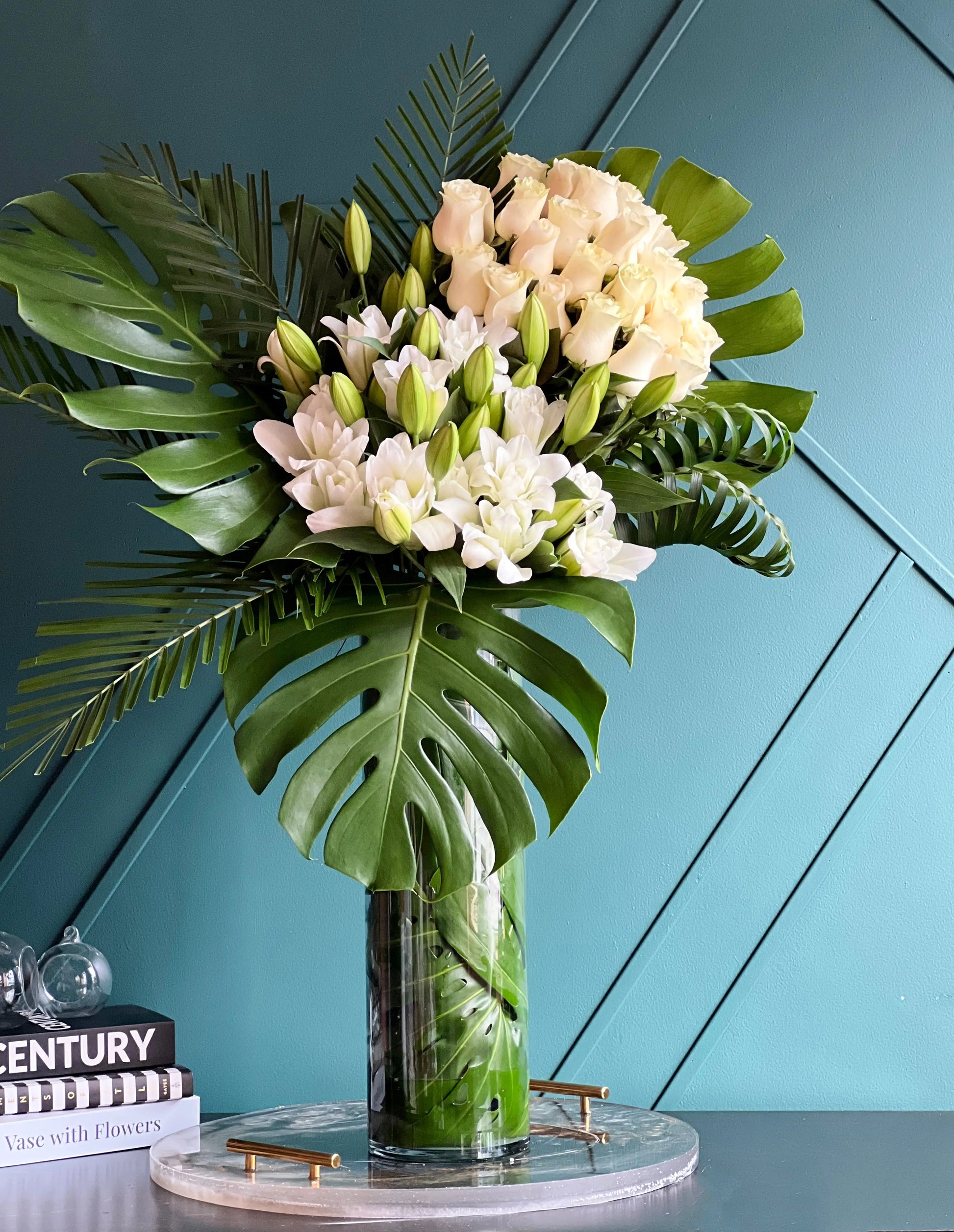 White Rose and Lily Arrangement in Tall Vase | Modern Blanco buy online Luxury Flowers Miami