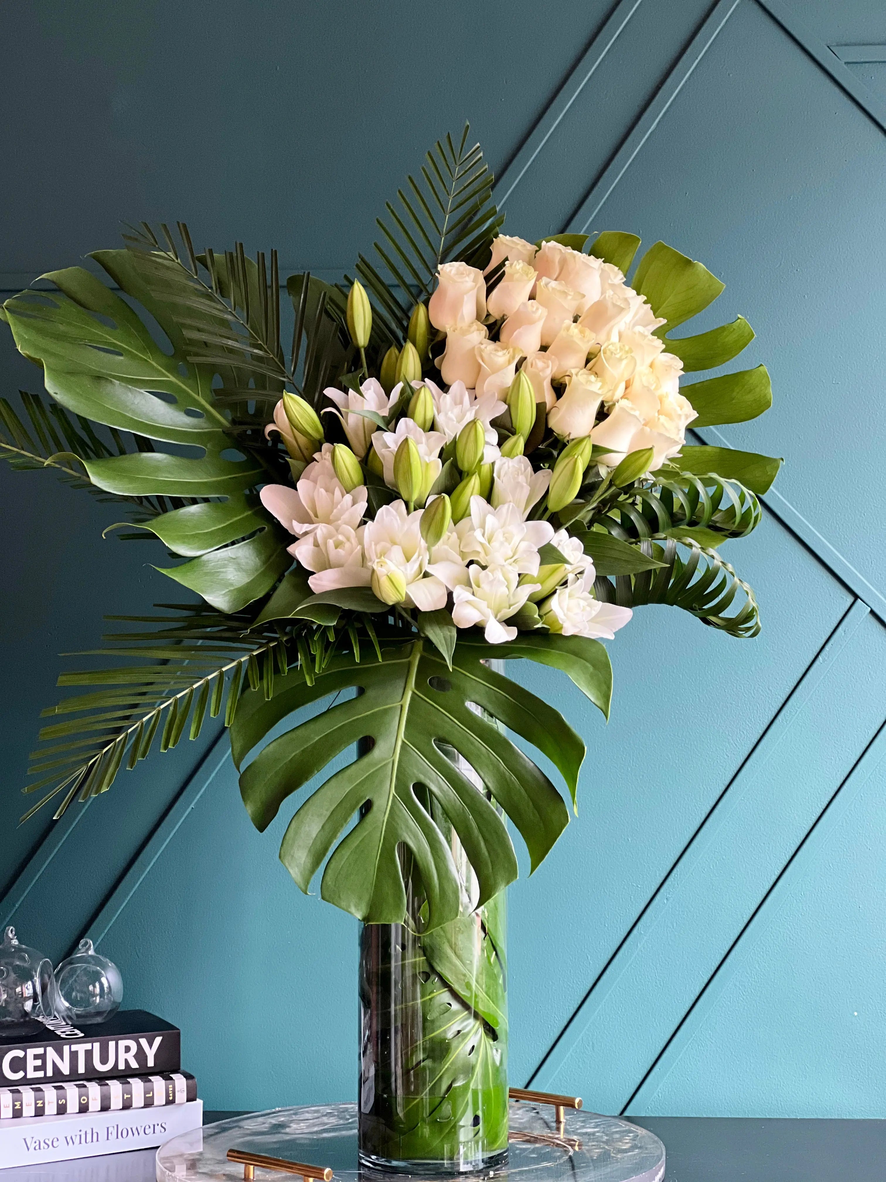 White Rose and Lily Arrangement in Tall Vase | Modern Blanco buy online Luxury Flowers Miami