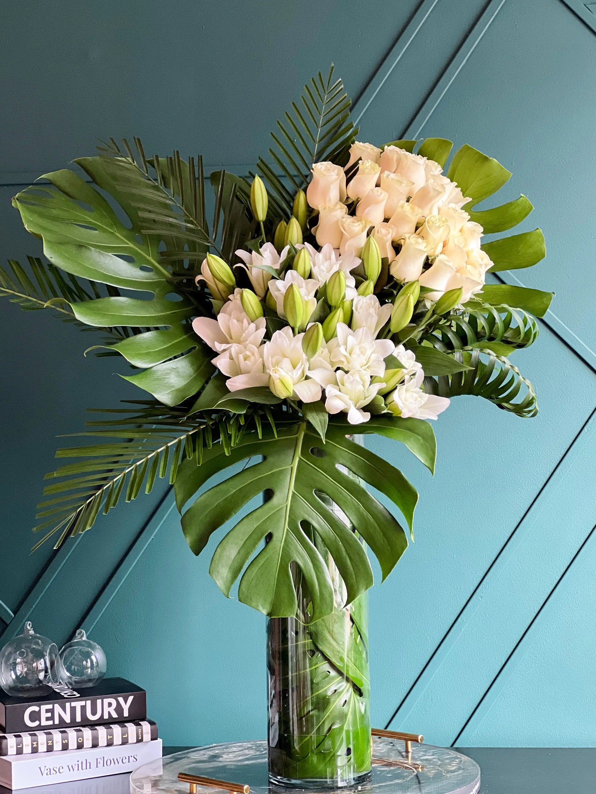 White Rose and Lily Arrangement in Tall Vase | Modern Blanco buy online Luxury Flowers Miami