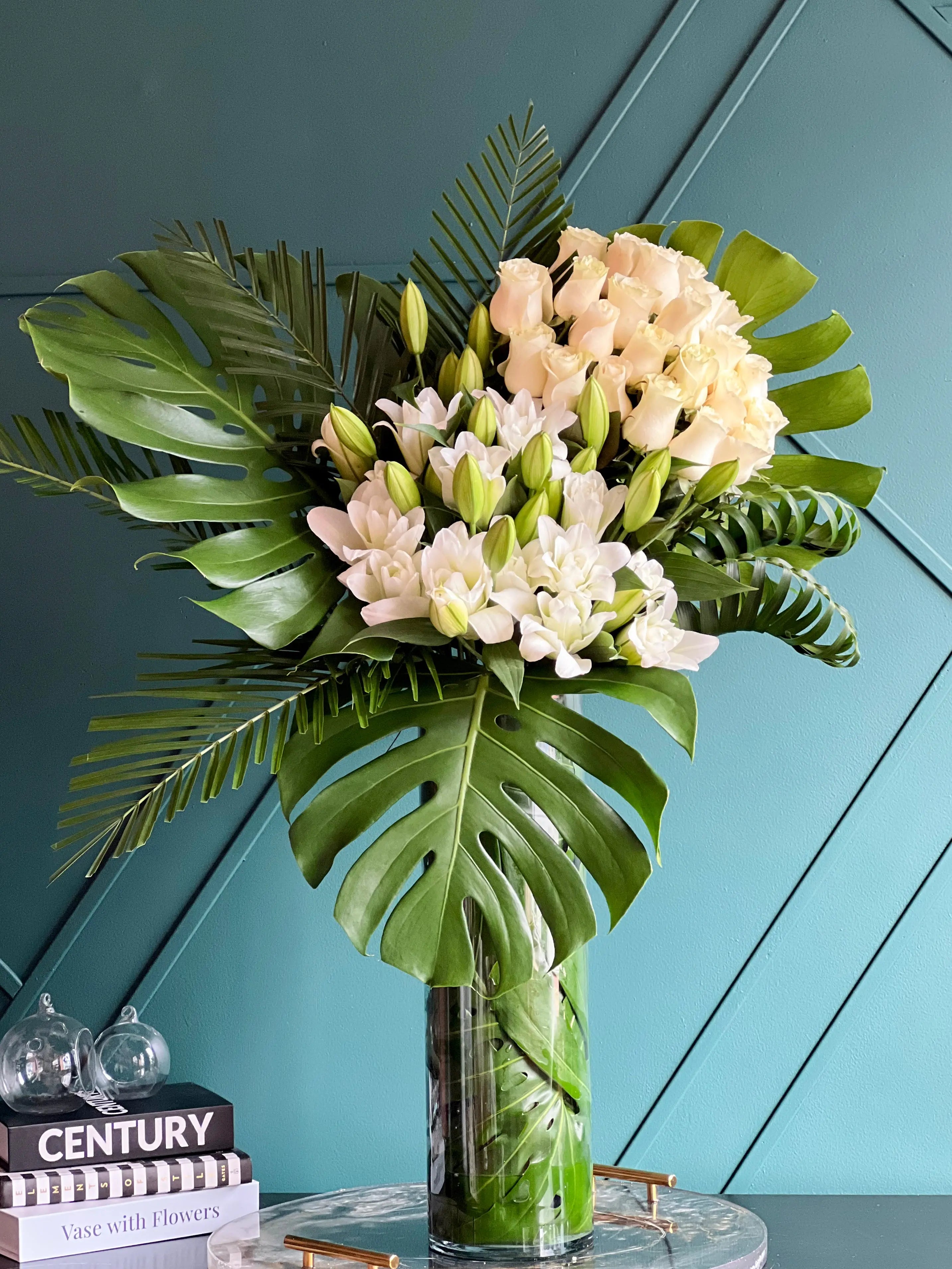 White Rose and Lily Arrangement in Tall Vase | Modern Blanco buy online Luxury Flowers Miami