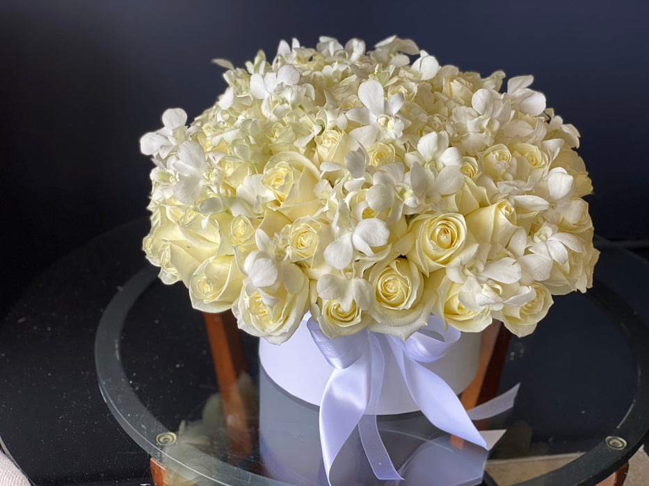 White Romance - White Roses & Orchids Arrangement In Box