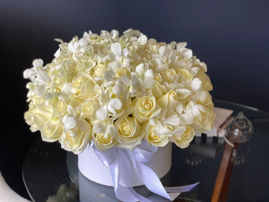 White Romance - White Roses & Orchids Arrangement In Box