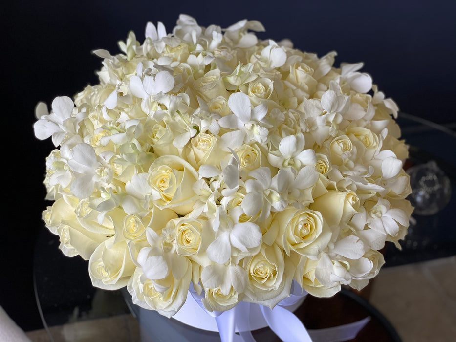 White Romance - White Roses & Orchids Arrangement In Box