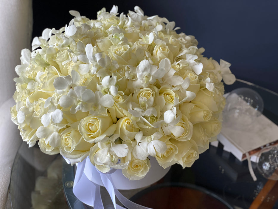 White Romance - White Roses & Orchids Arrangement In Box