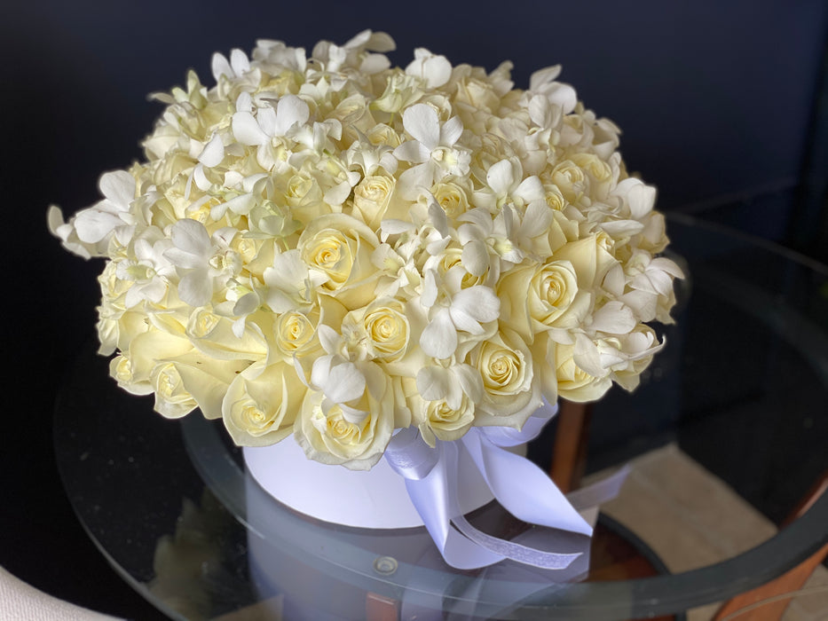 White Romance - White Roses & Orchids Arrangement In Box