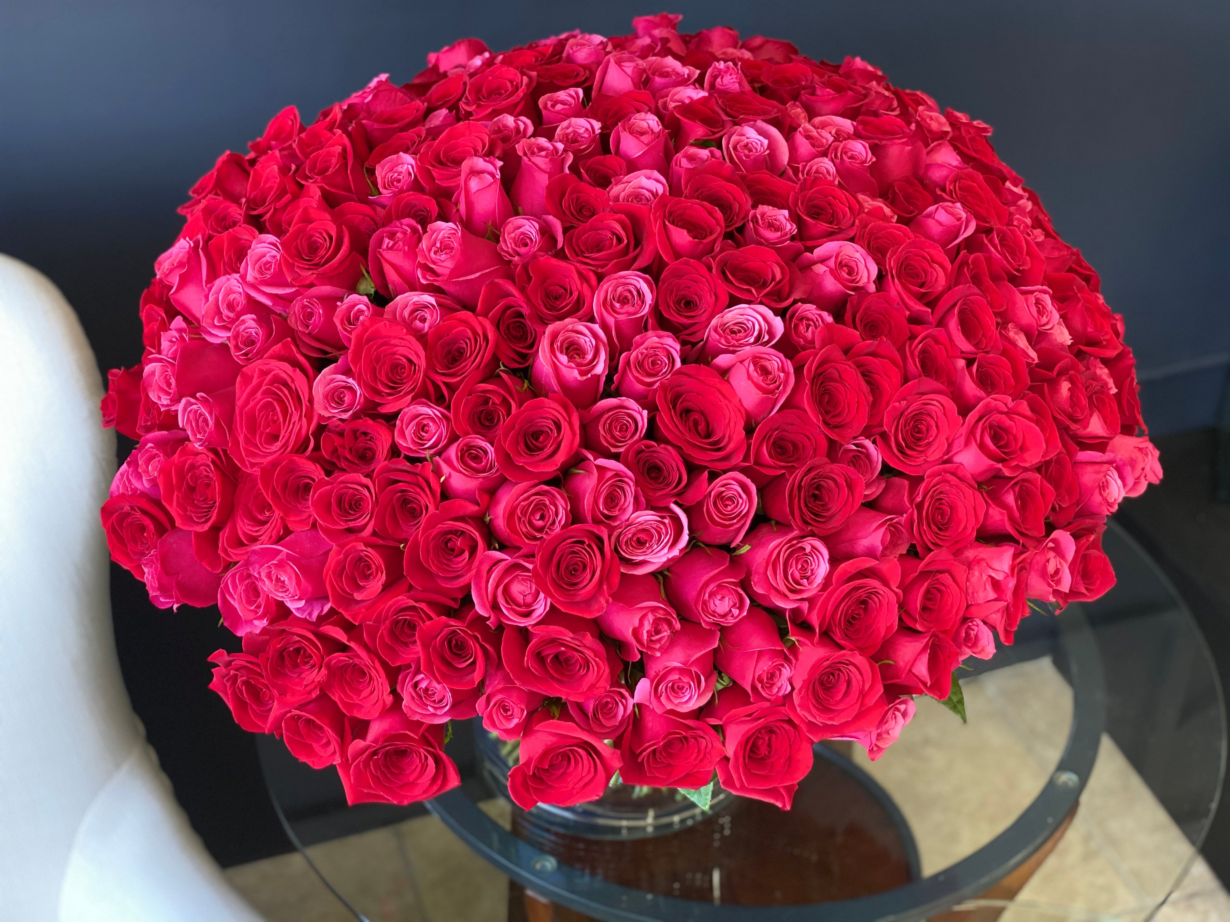 300 Red & Hot Pink Roses in a Vase – Luxury Roses Miami