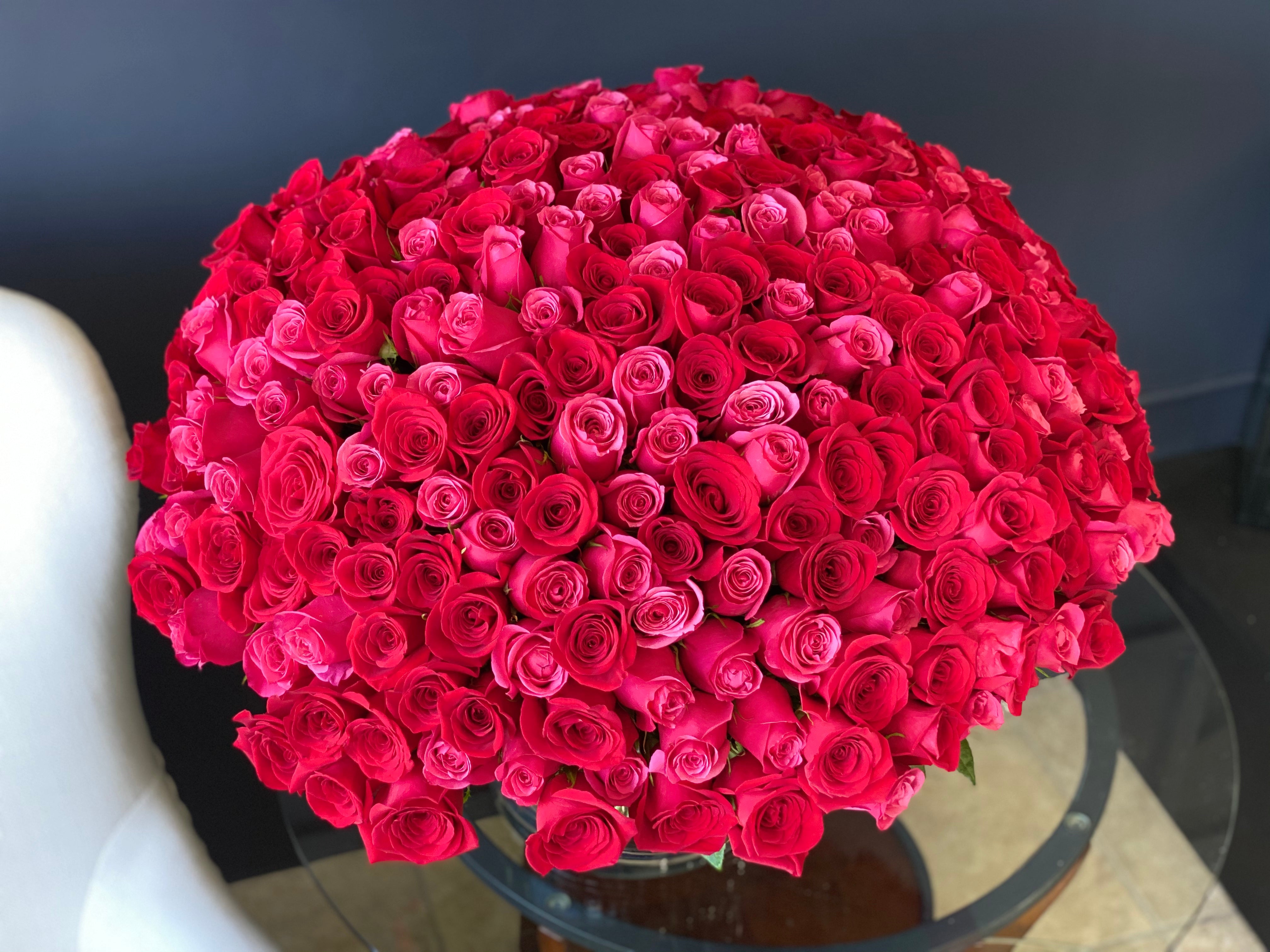 300 Red & Hot Pink Roses in a Vase – Luxury Roses Miami