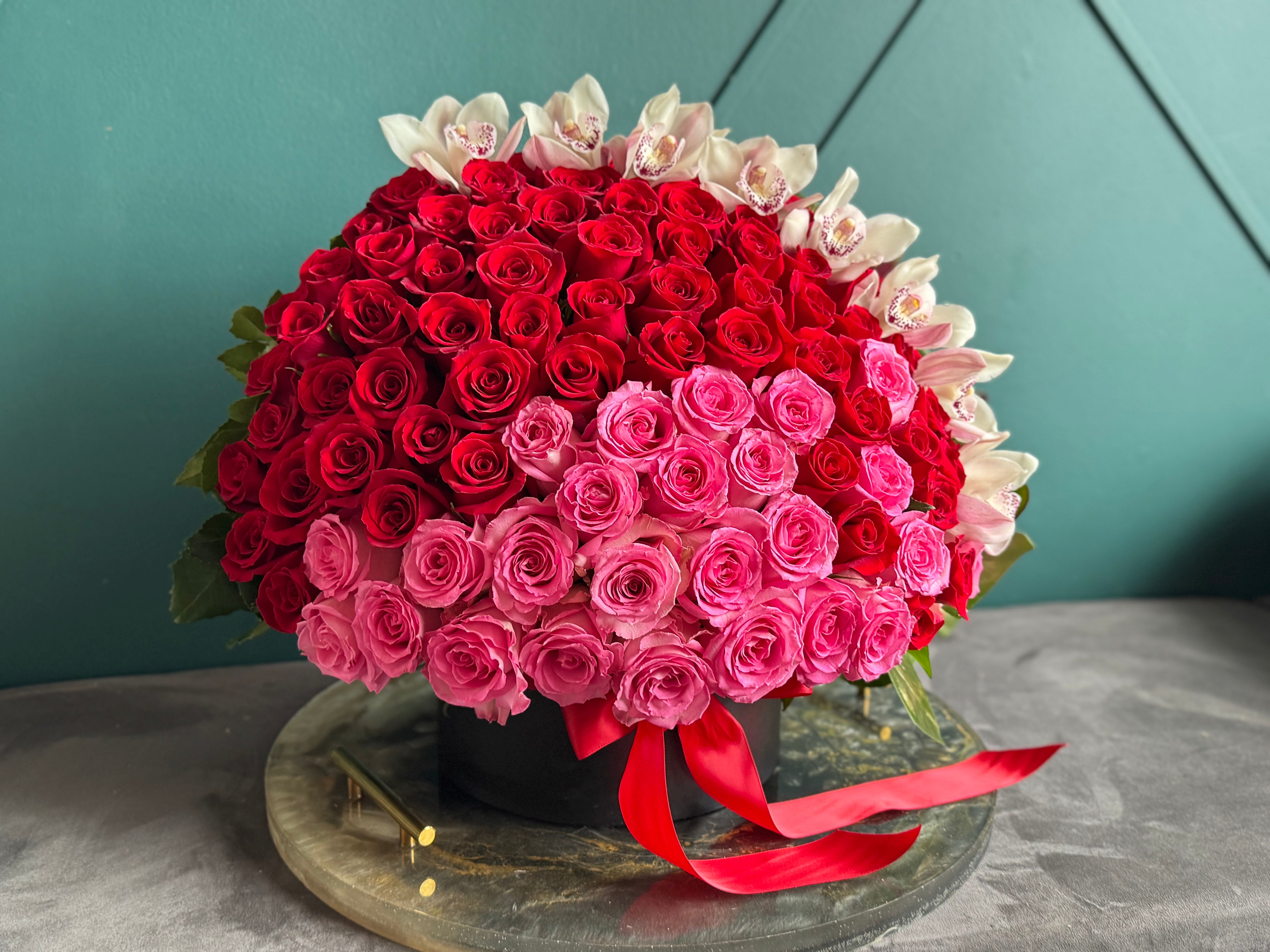 150 Roses with Cymbidium Orchids – Luxury Flower Box Miami