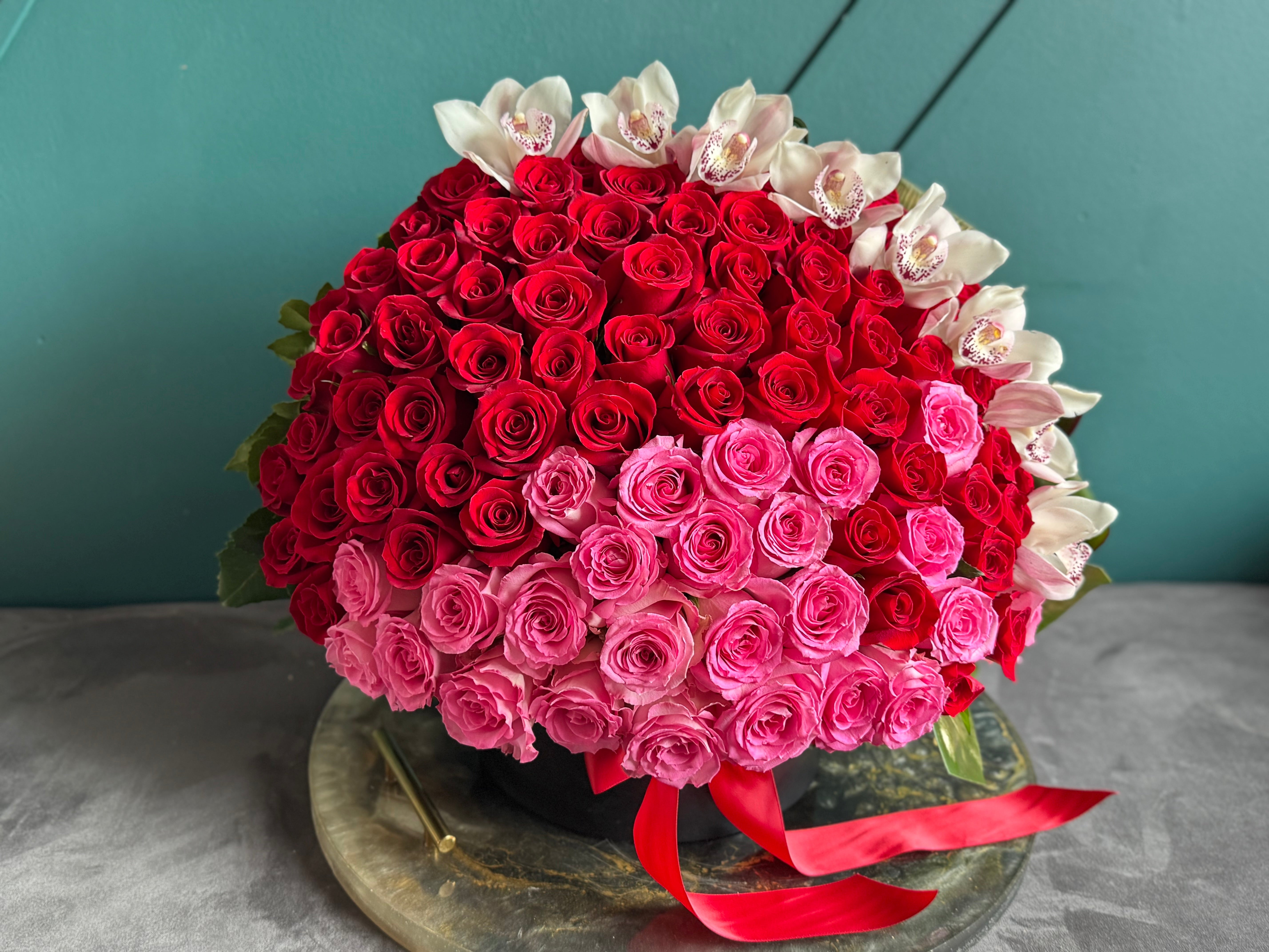150 Roses with Cymbidium Orchids – Luxury Flower Box Miami