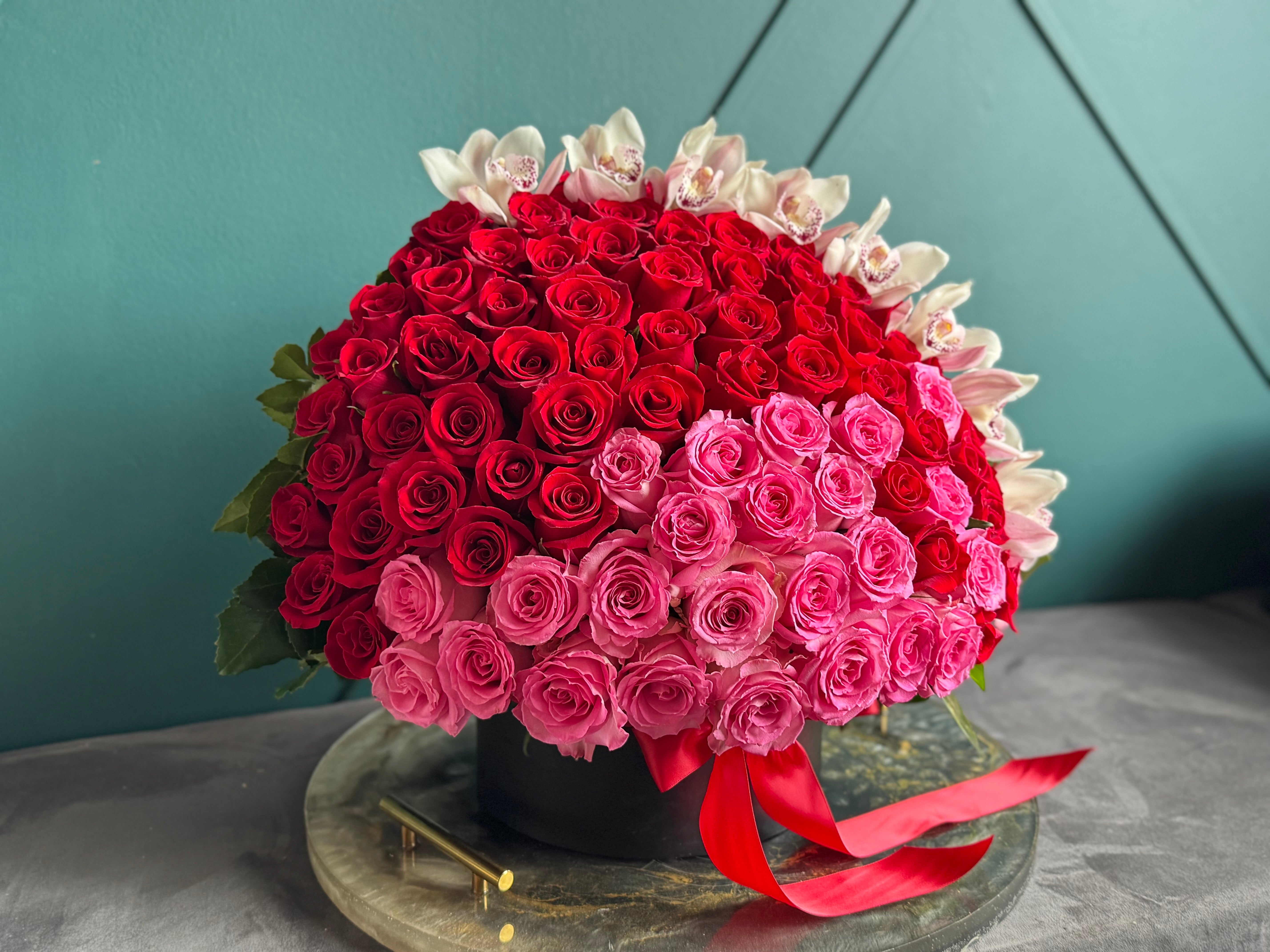 150 Roses with Cymbidium Orchids – Luxury Flower Box Miami