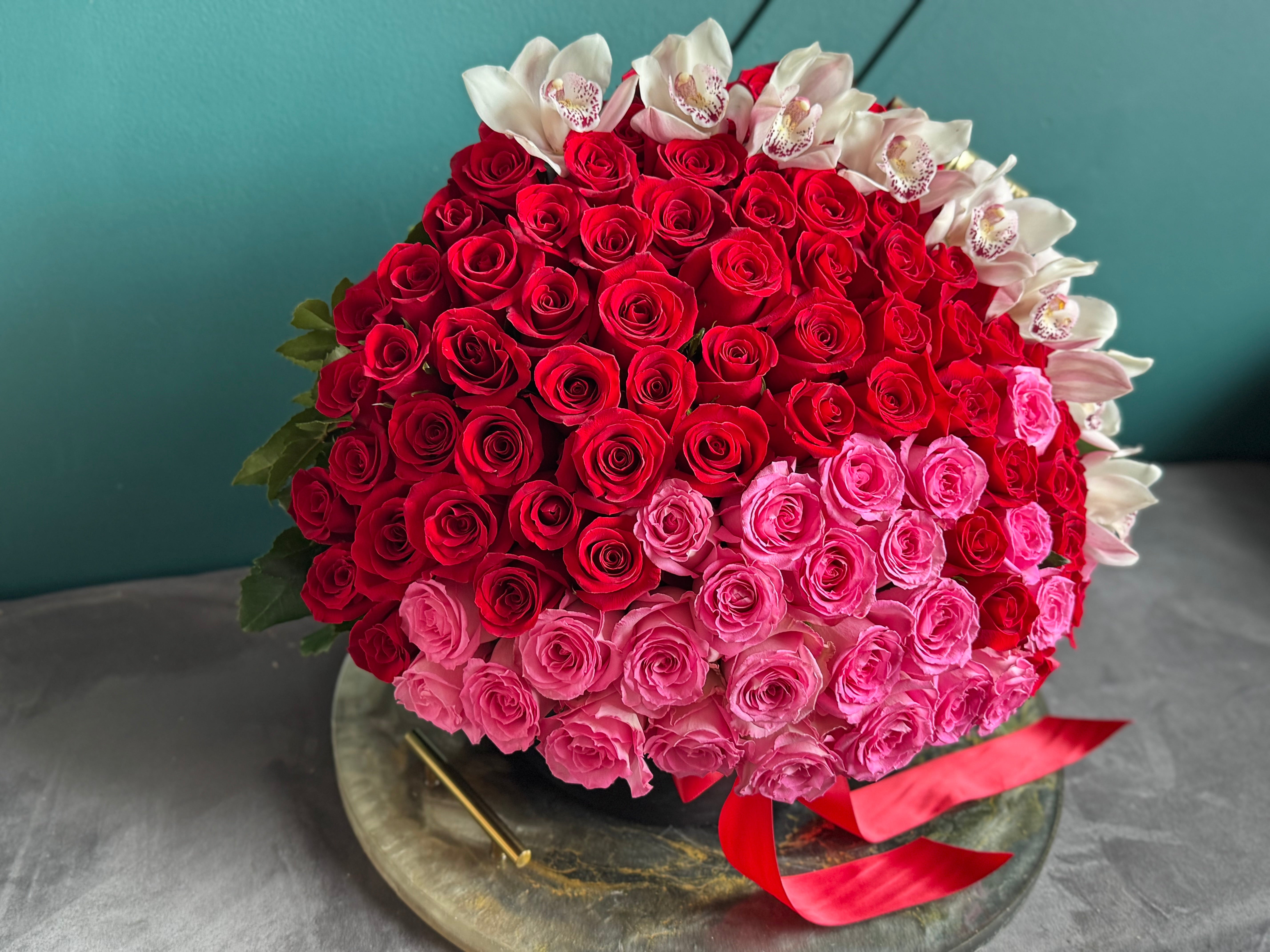 150 Roses with Cymbidium Orchids – Luxury Flower Box Miami