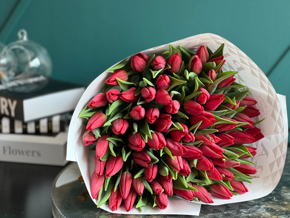75 Red Tulips Hand-Crafted Bouquet